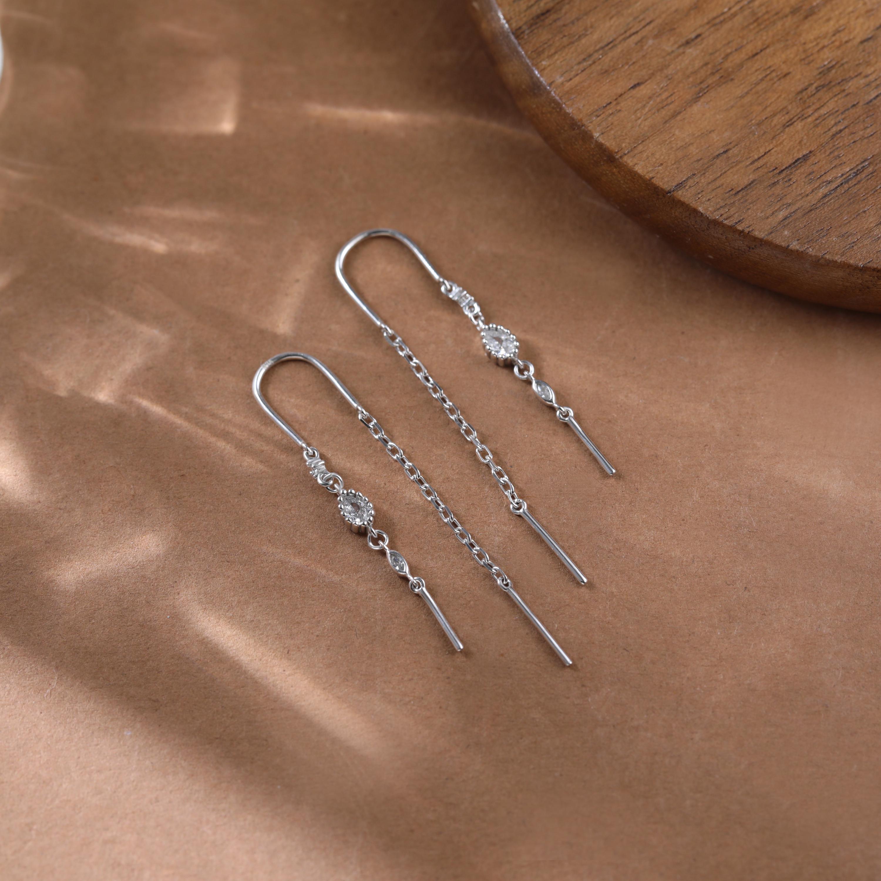 14K Gold Plated Threader Earring with Cubic Zirconia and Curved Bar