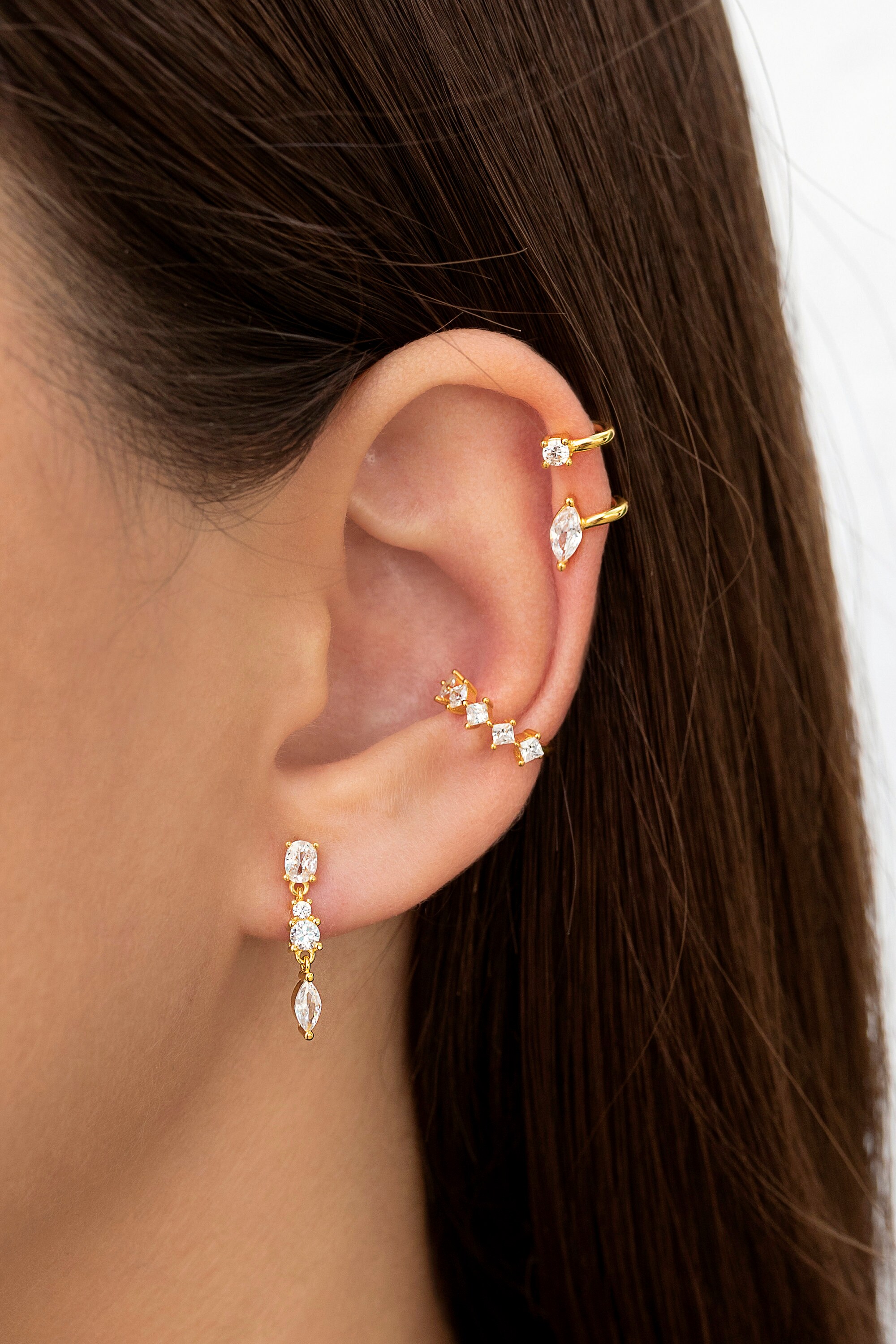 Dainty Marquise and Round CZ Double Band Ear Cuff Earrings