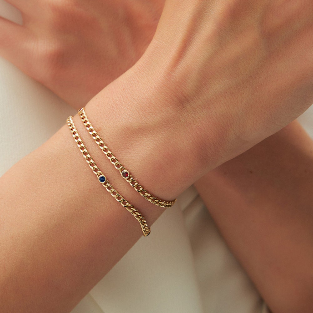 Ruby Bracelet, 14K Gold 3MM Miami Curb Link Chain with Bezel Set Ruby