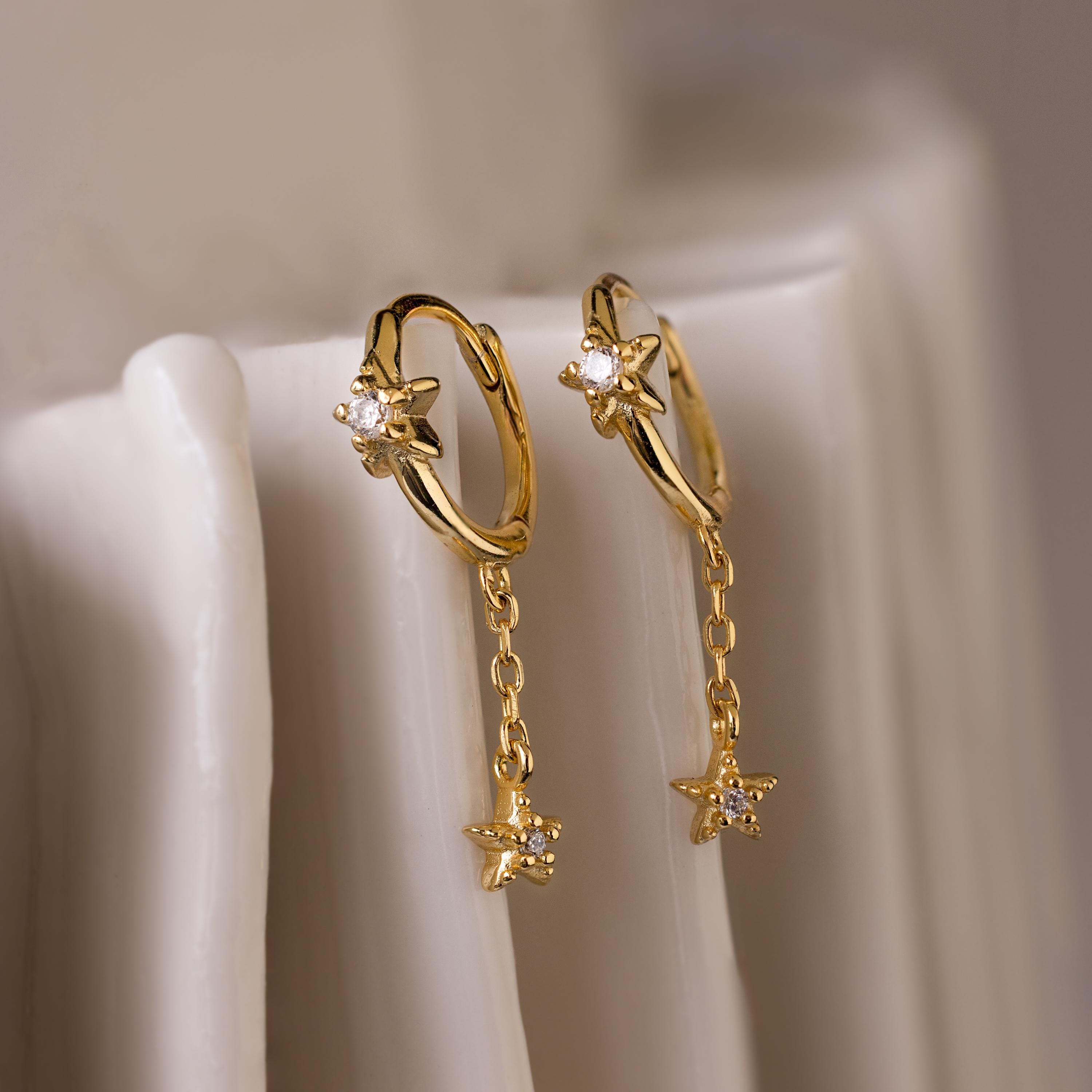 Star Drop Chain Huggie Earrings in 18K Gold Over Brass