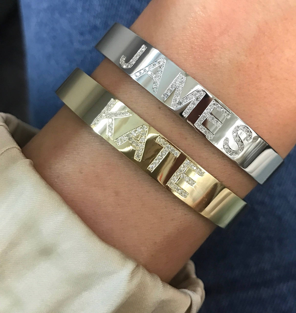 14K Gold Diamond Personalized Cuff Bracelet