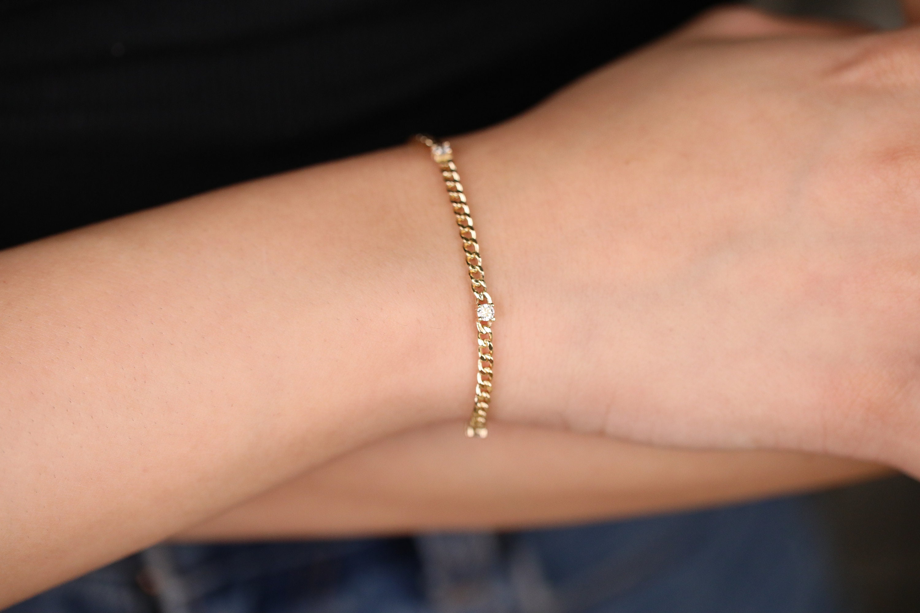 14K Gold Cuban Link Bracelet with Five Sectioned Natural Diamonds