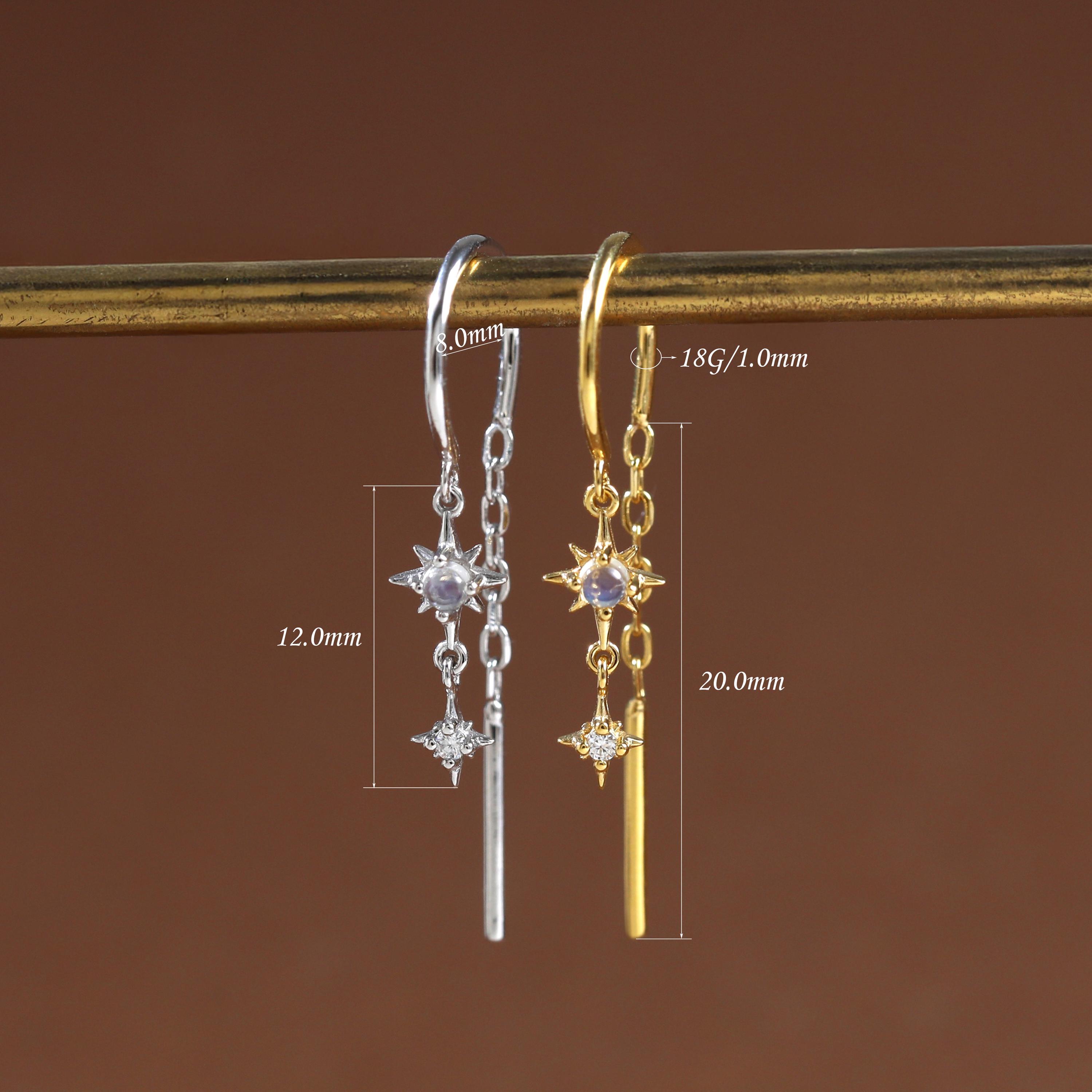 14K Gold Plated Moonstone and Moissanite Star Threader Earring