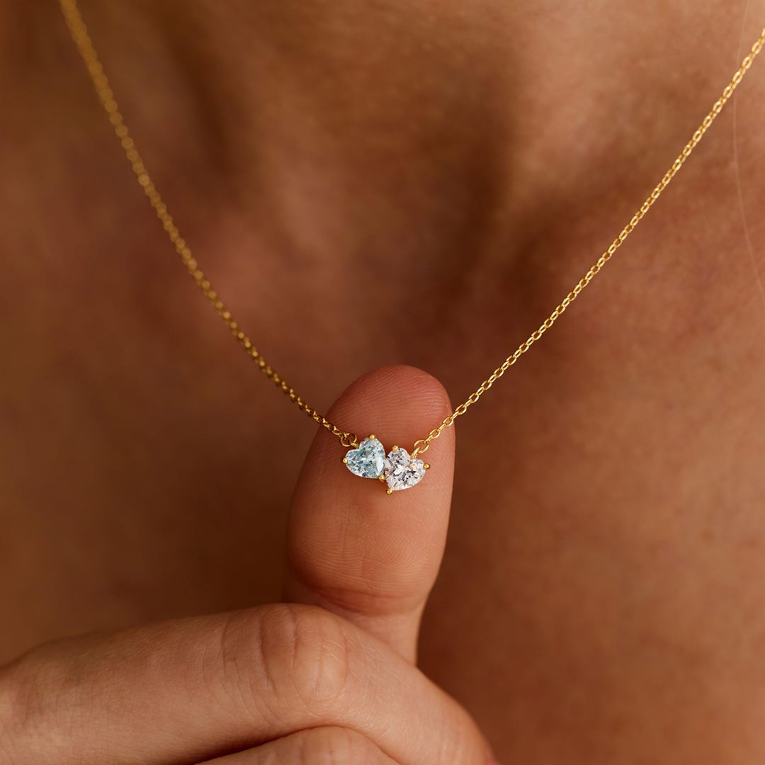 Dainty Two Heart Birthstone Couple Necklace in Gold Plated Brass