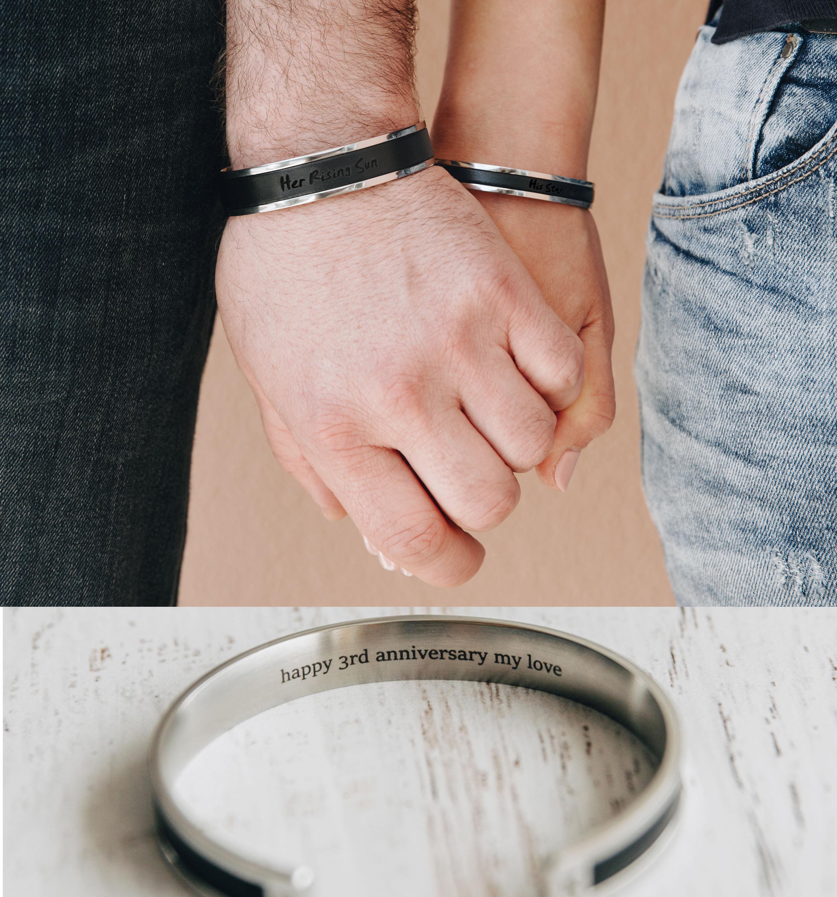 Custom Engraved Leather and Stainless Steel Couple Bracelet Set of 2
