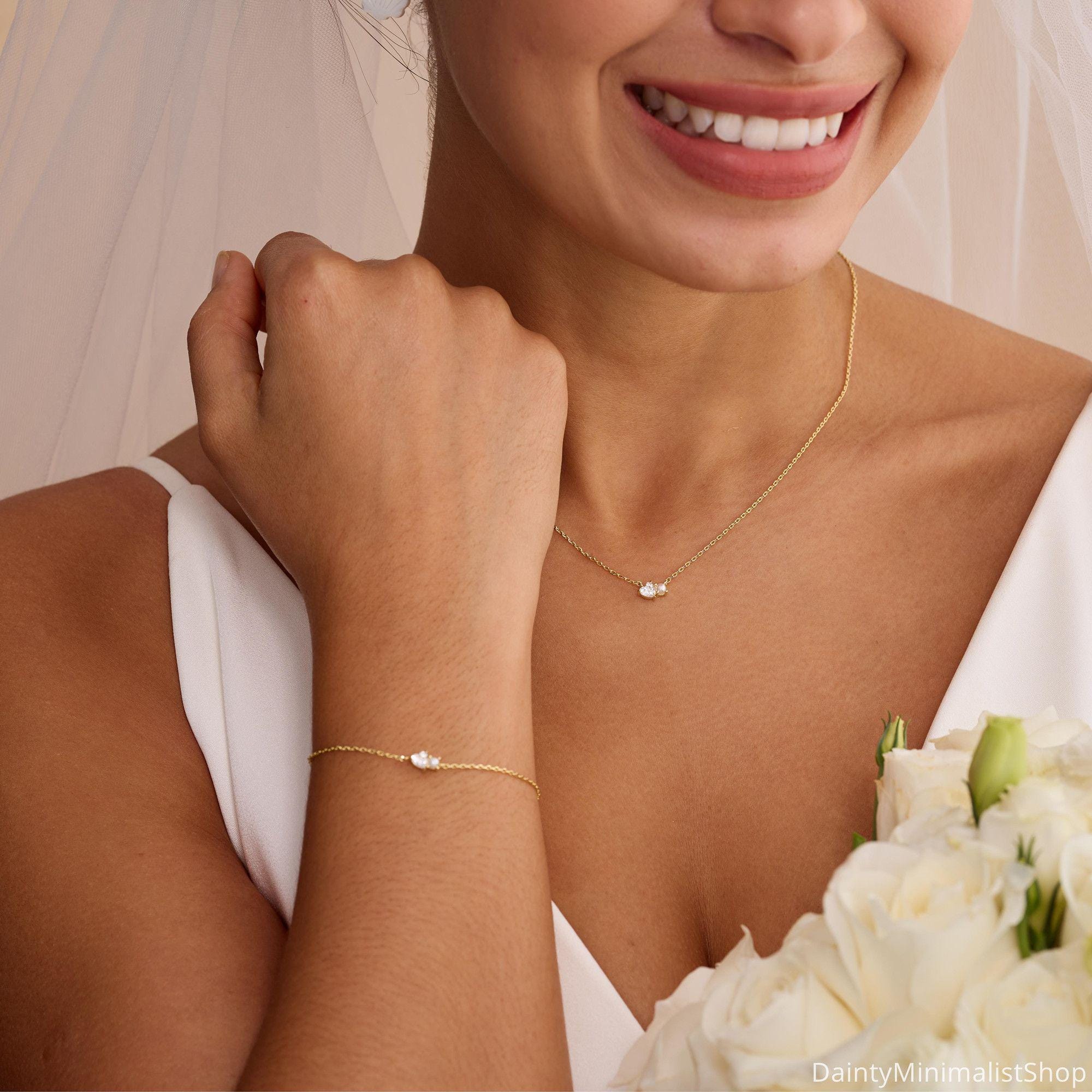 Dainty Pearl Necklace with Heart CZ Diamond in 14K Gold Plated Copper
