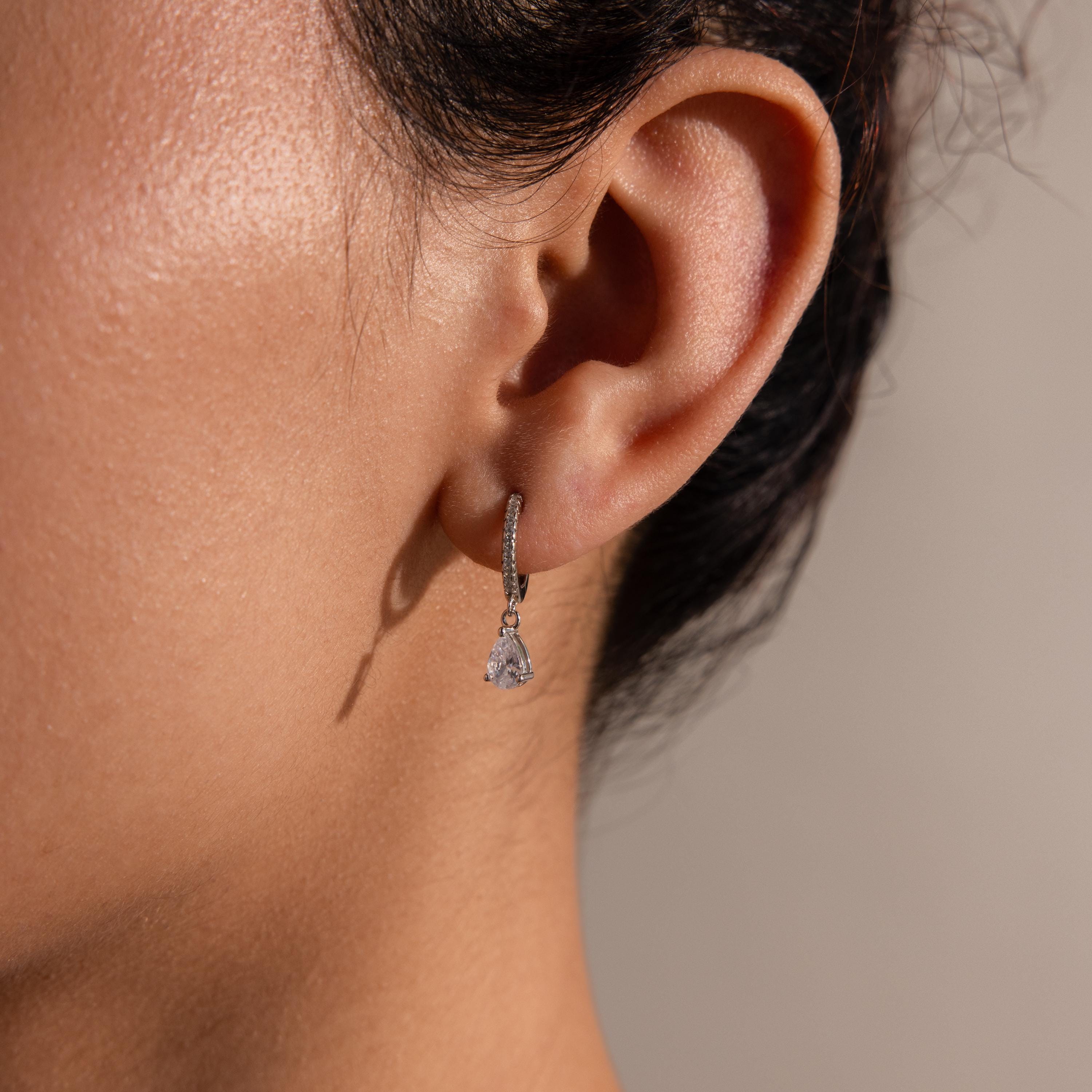 Pave Diamond Huggie Hoop Drop Earrings with Birthstone Charm
