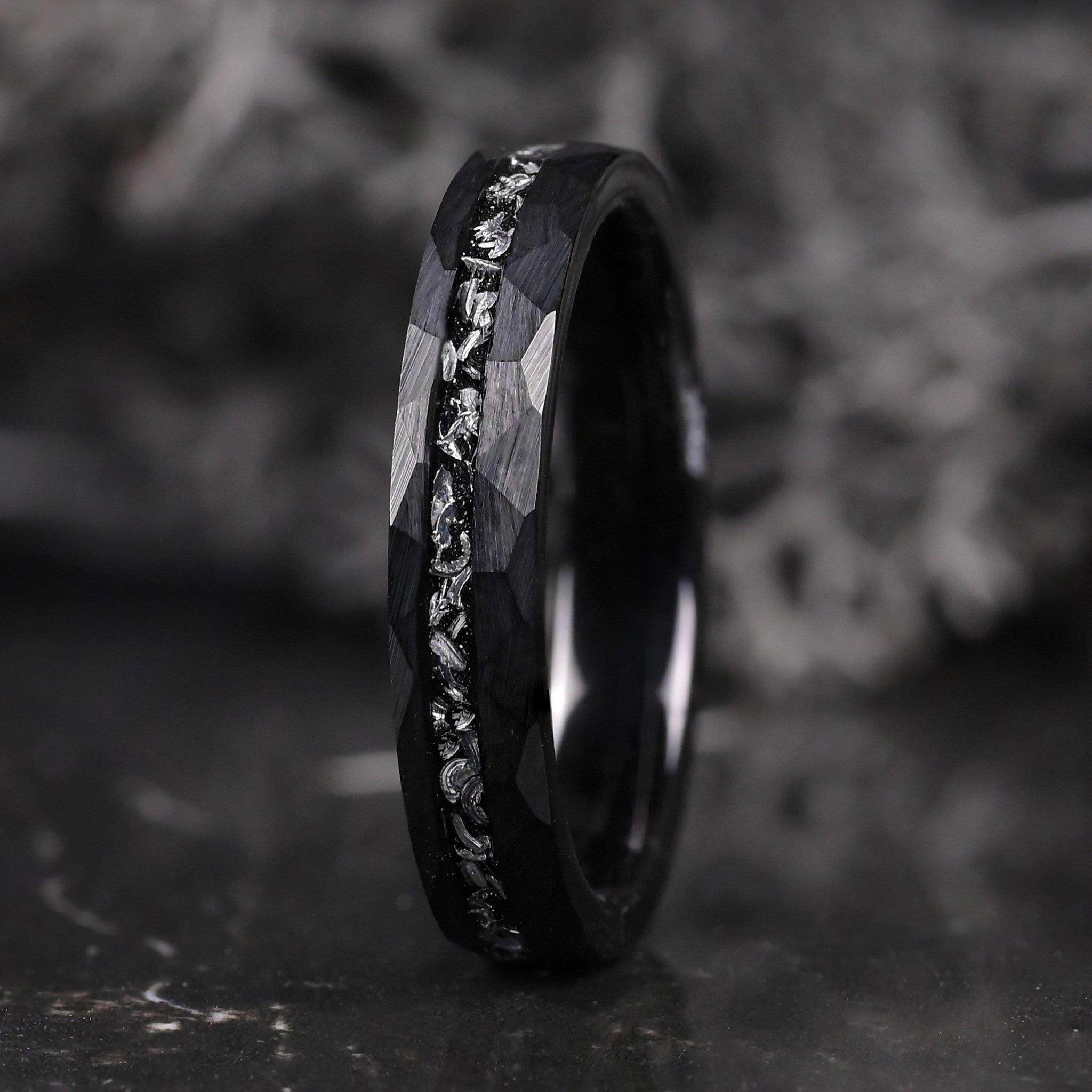 Hammered Meteorite Tungsten Couple Ring Set, 8mm and 4mm