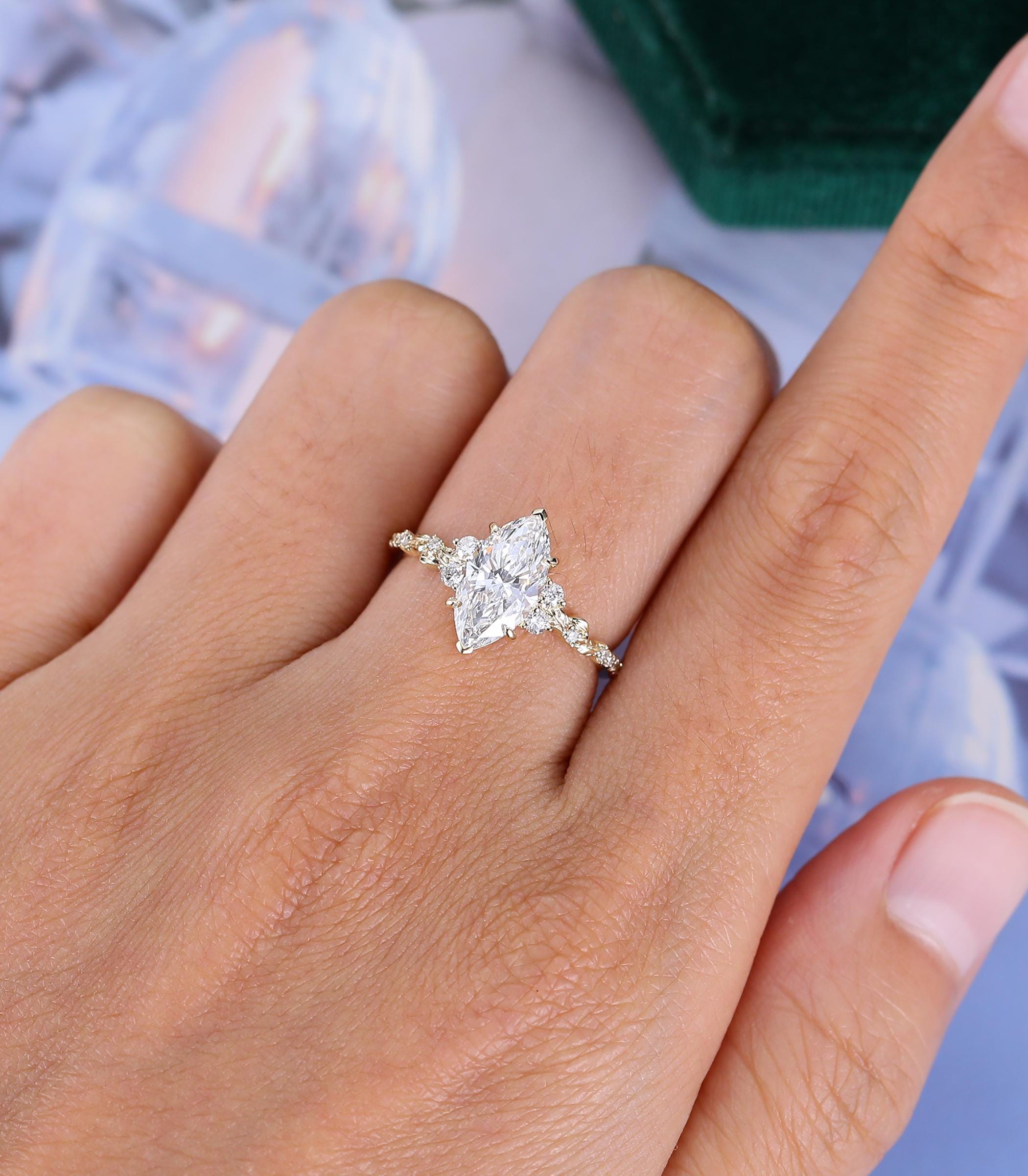 1.5CT Marquise Cut Lab Grown Diamond Engagement Ring in 14K Yellow Gold