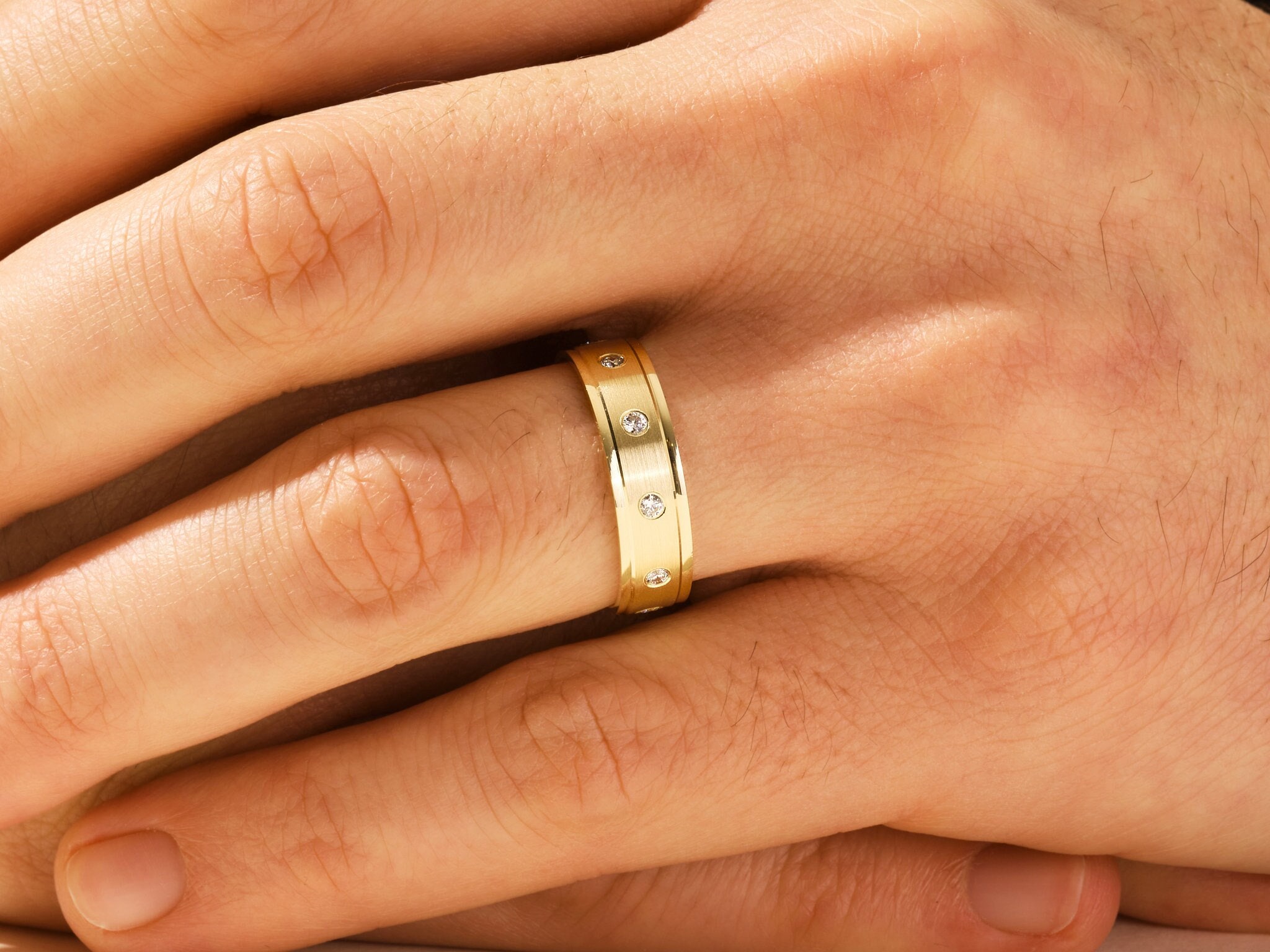 Men's Matte Beveled Diamond Wedding Band, Ten Stone