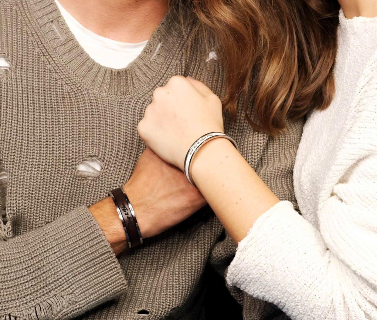 Custom Engraved Leather and Stainless Steel Couple Bracelet Set of 2
