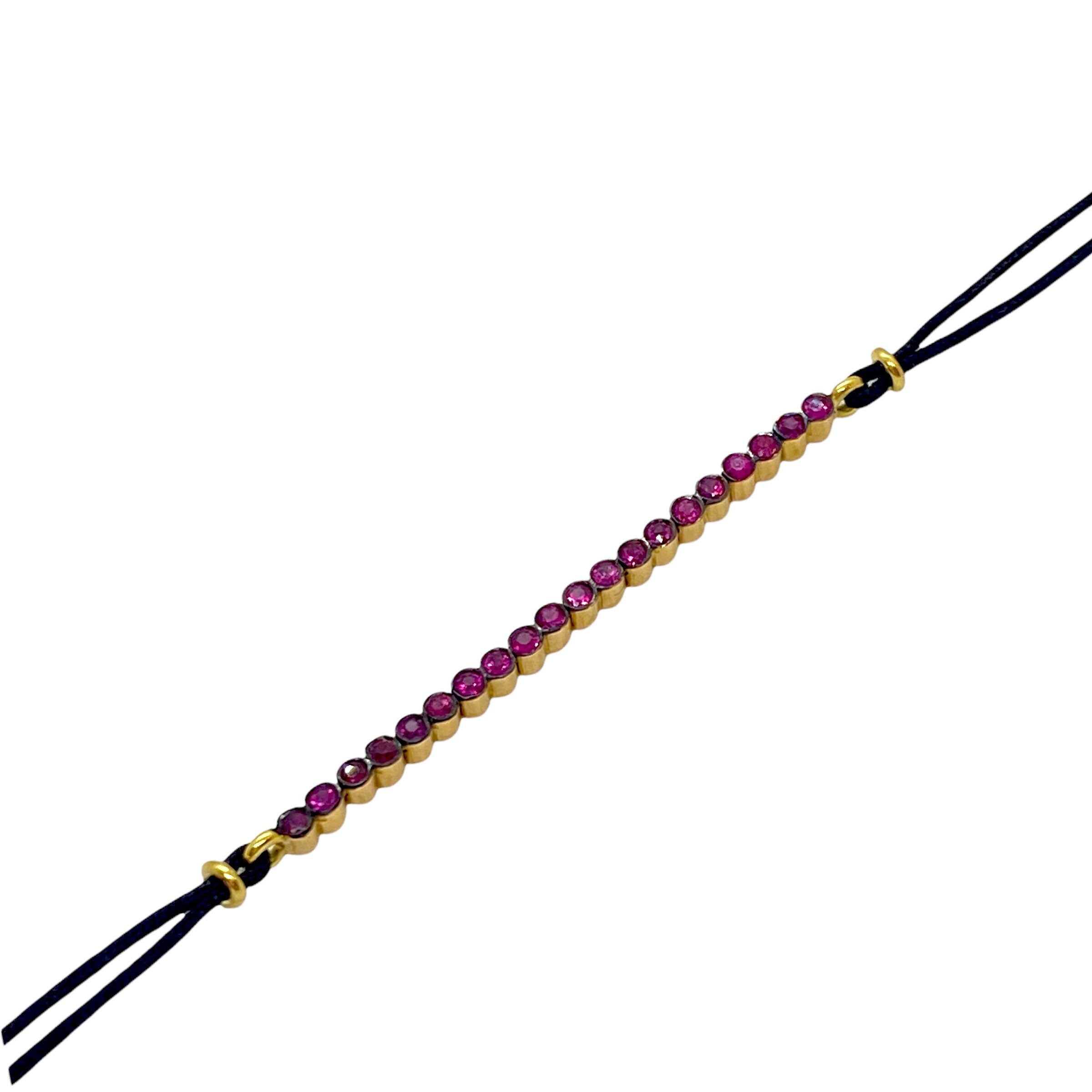 Handmade 18K Yellow Gold Ruby Bar Bracelet with Black Cord
