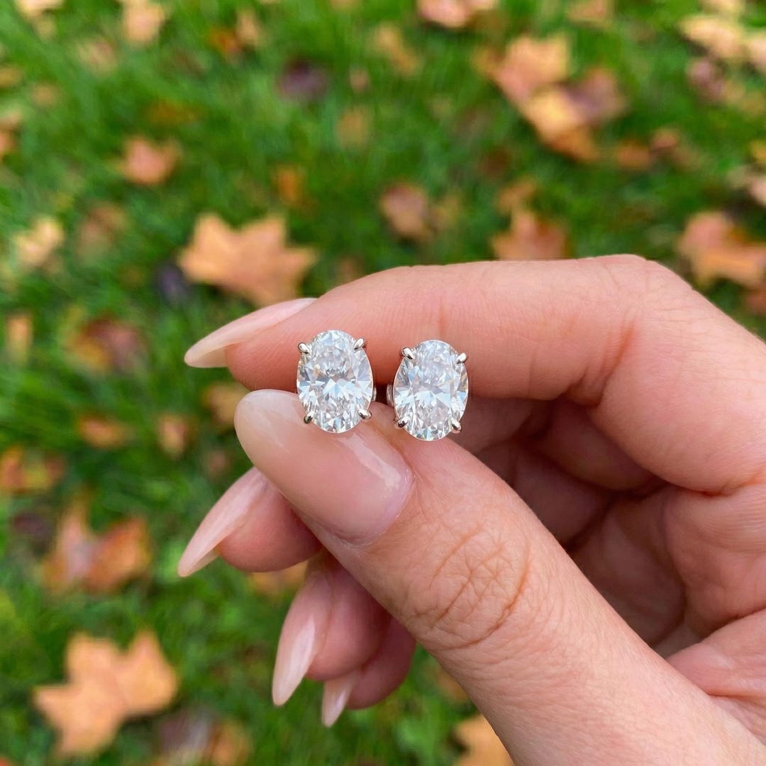 Oval Moissanite Stud Earrings in Sterling Silver or Solid Gold