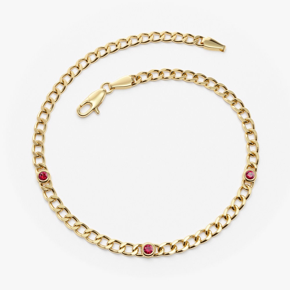 Ruby Bracelet, 14K Gold 3MM Miami Curb Link Chain with Bezel Set Ruby