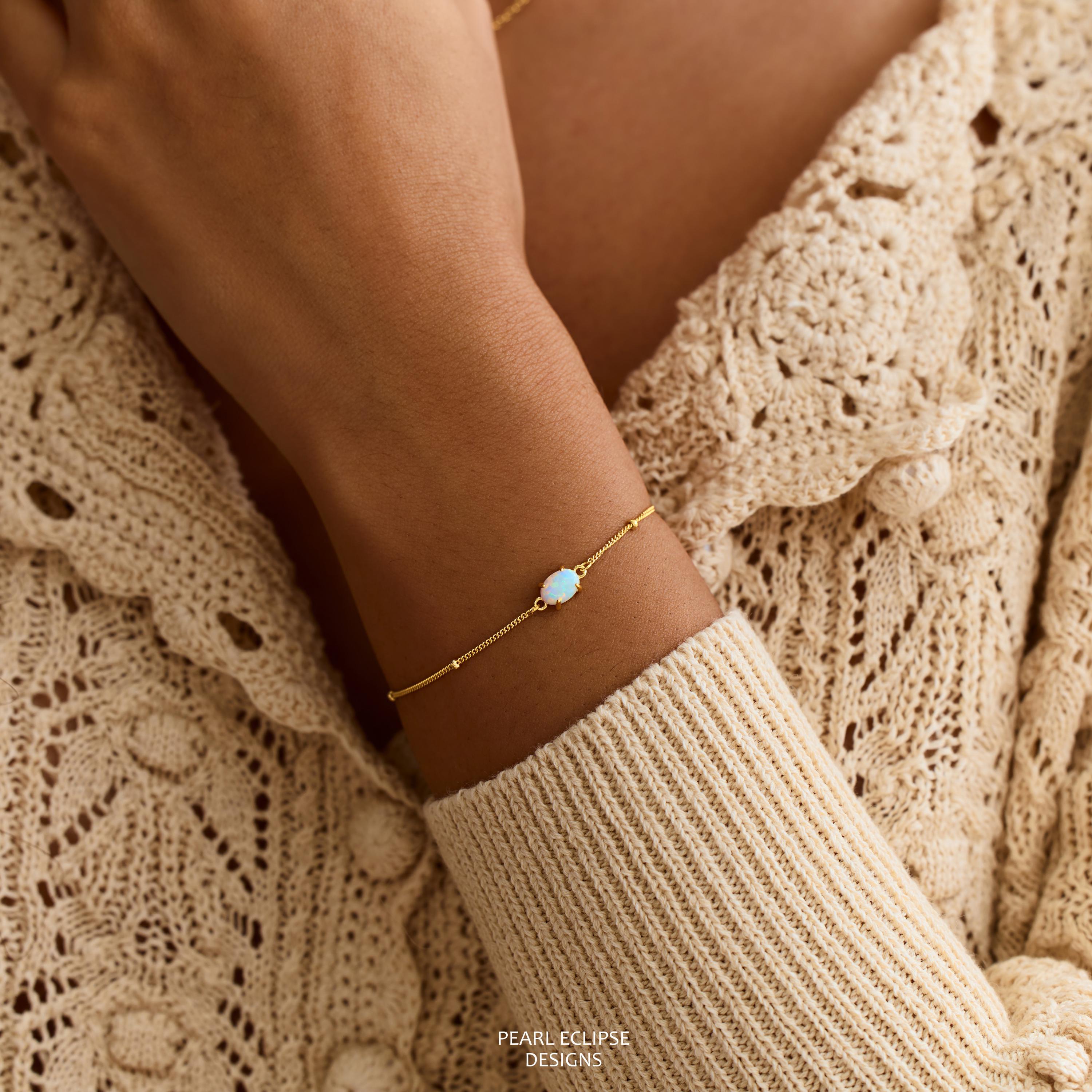 Dainty Natural Opal Bracelet on a Minimalist Gold Beaded Chain