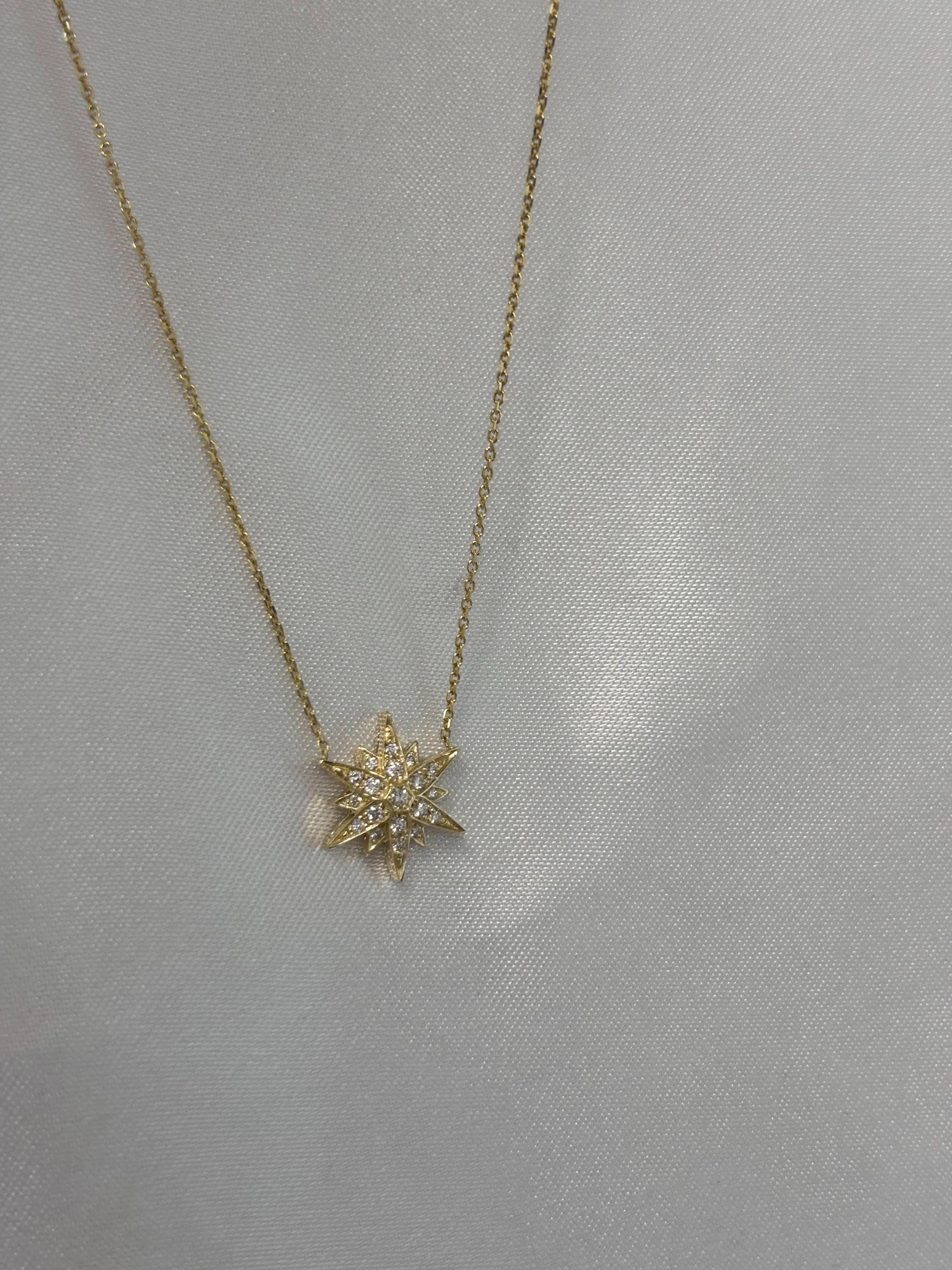 14K Solid Gold Starburst Diamond Pendant Necklace