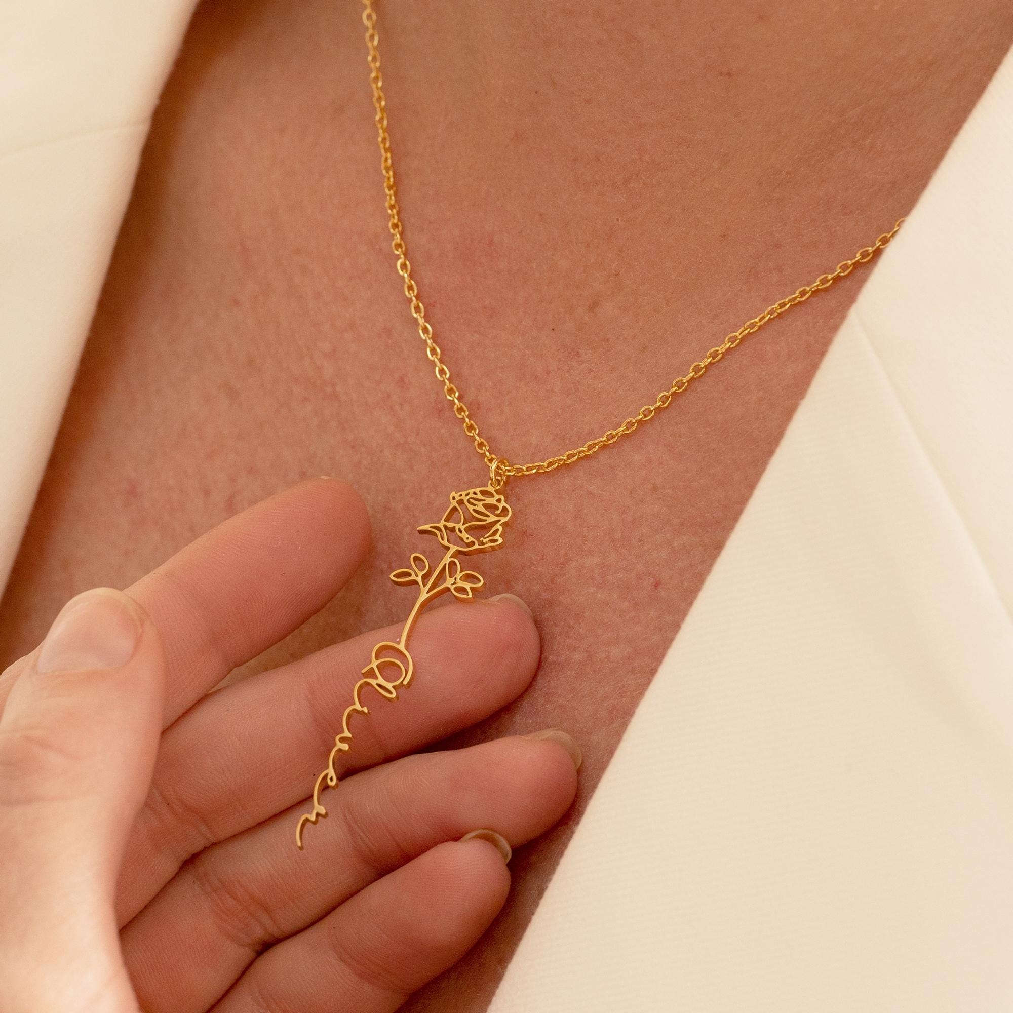 Personalized Name Necklace with Birth Flower Charm