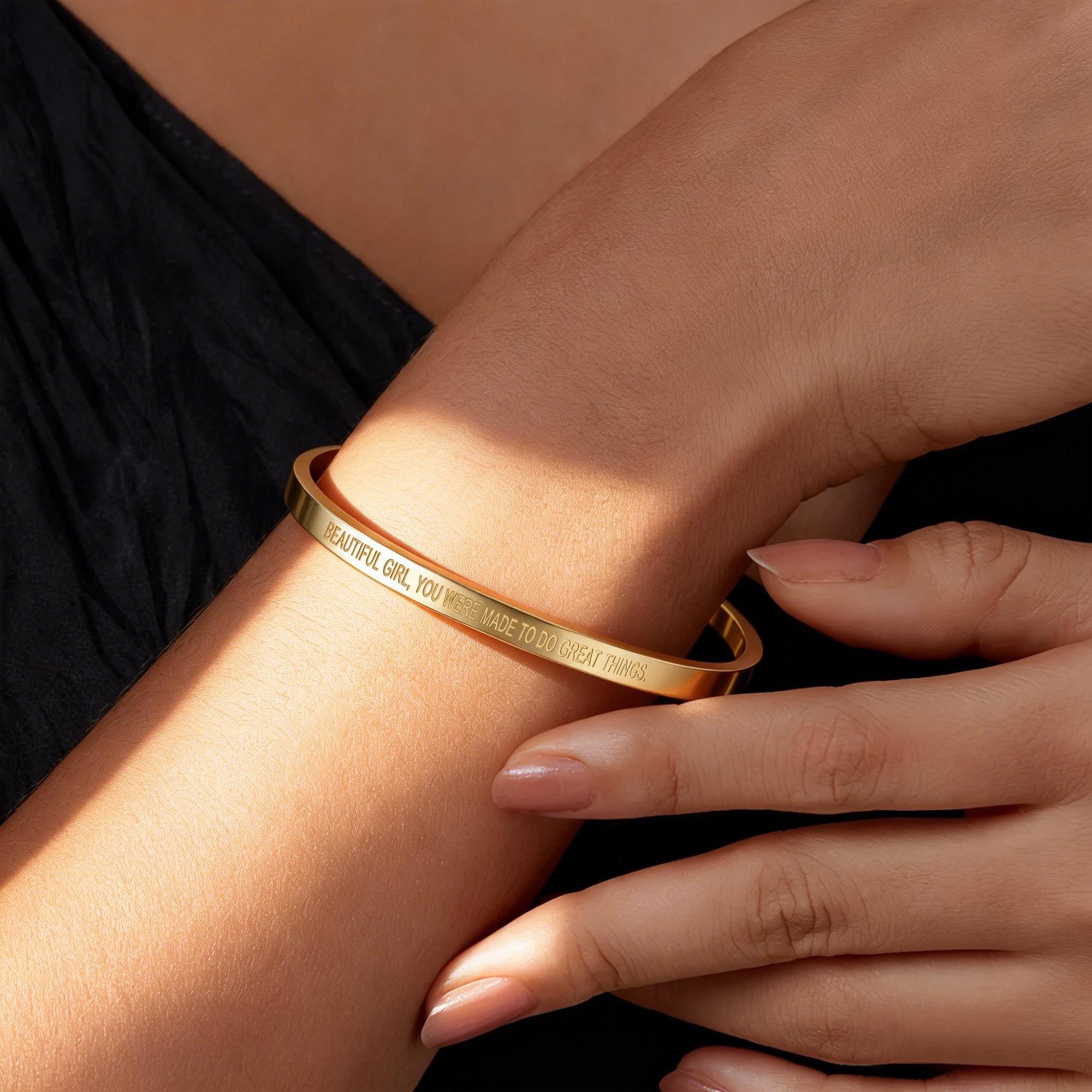 Custom Engraved Inspirational Bangle in 18K Gold Plated Titanium Steel