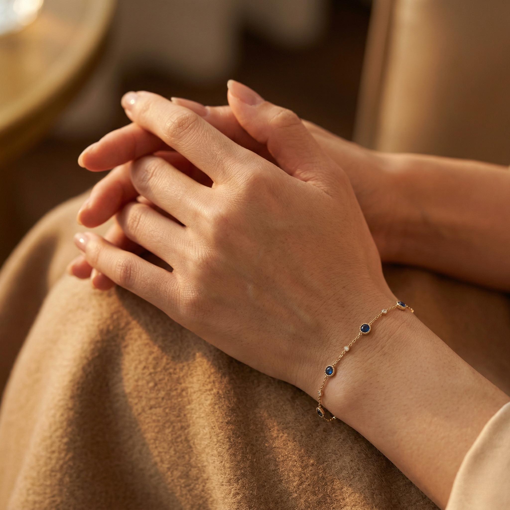 14K Gold Filled Blue Sapphire Station Bracelet, September Birthstone