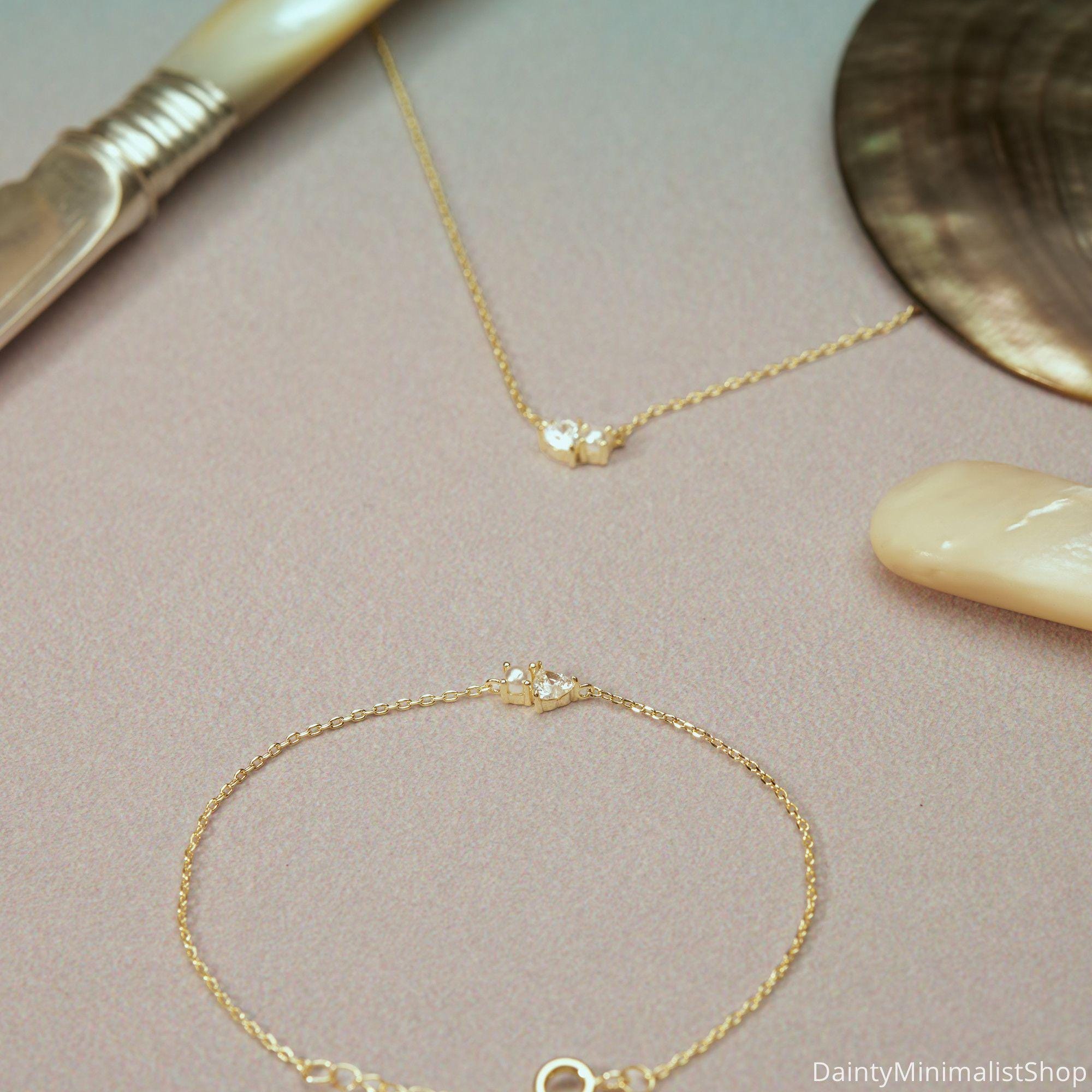 Dainty Pearl Necklace with Heart CZ Diamond in 14K Gold Plated Copper