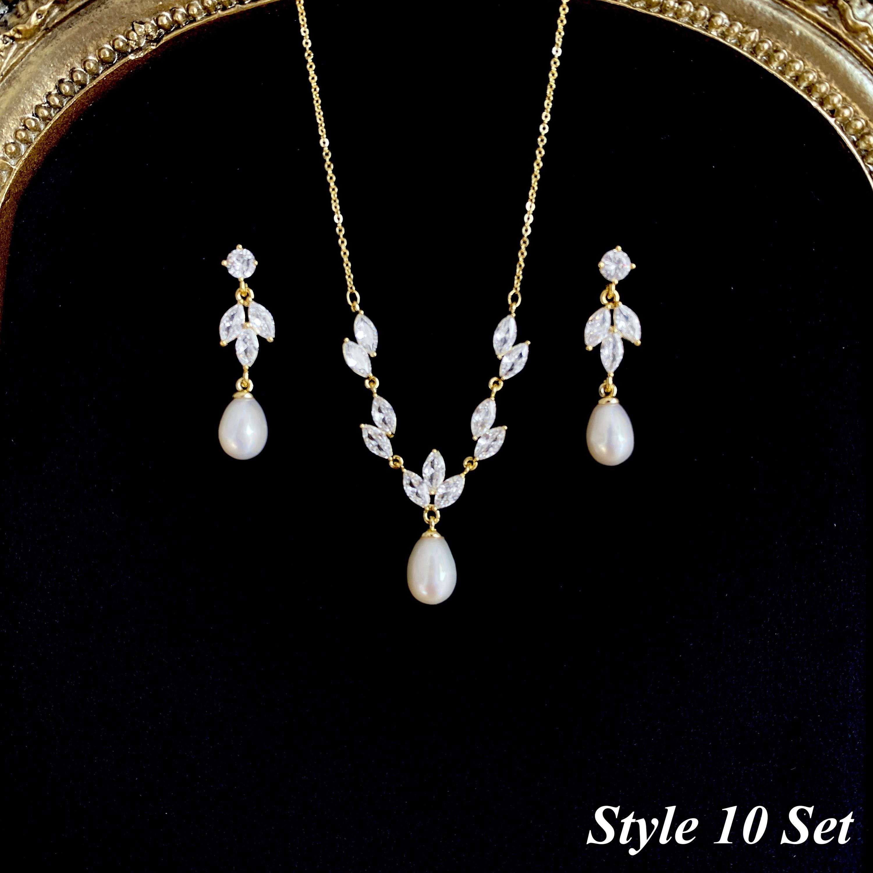 Gold Leaf and Freshwater Pearl Necklace with CZ Crystal Accent