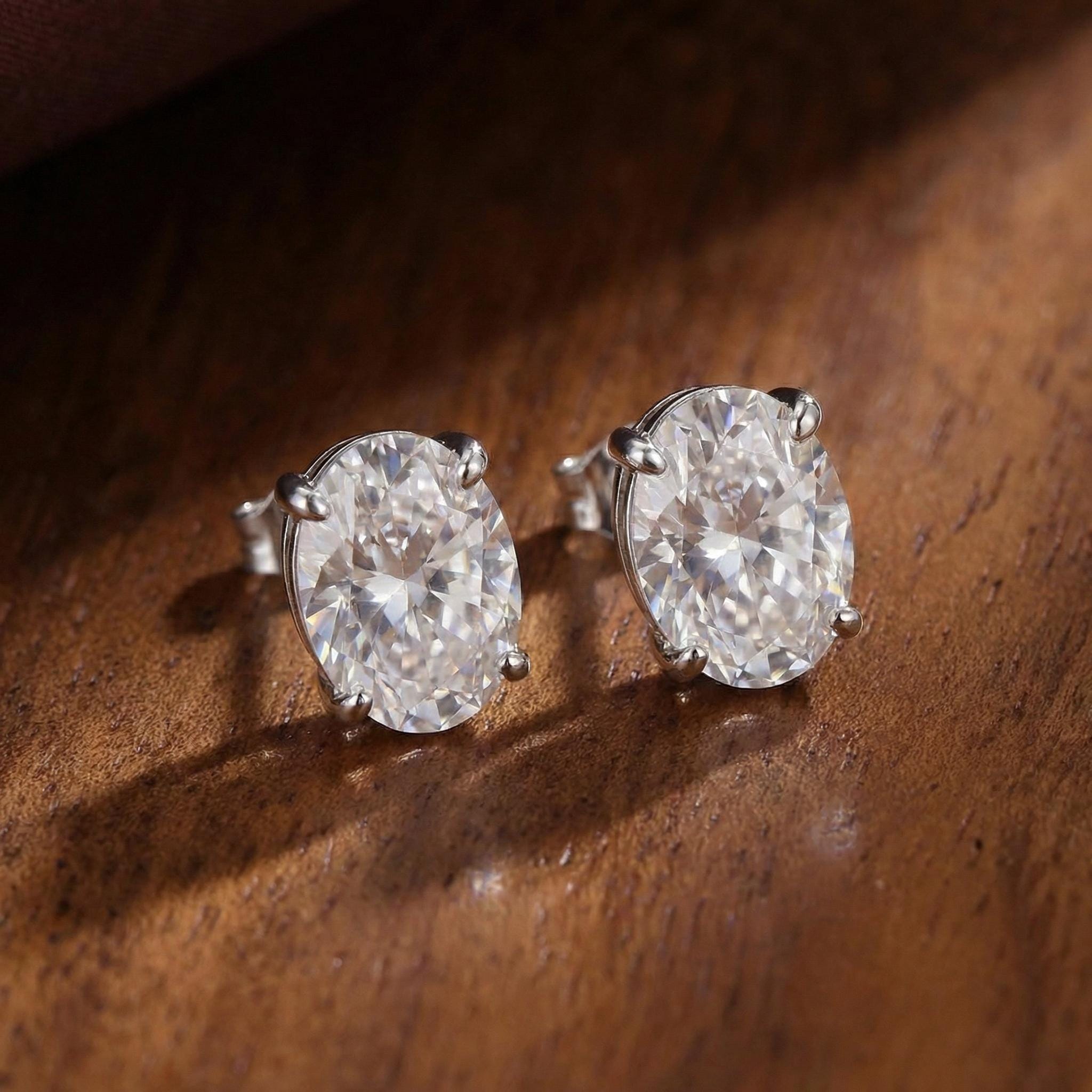 Oval Moissanite Stud Earrings in Sterling Silver or Solid Gold