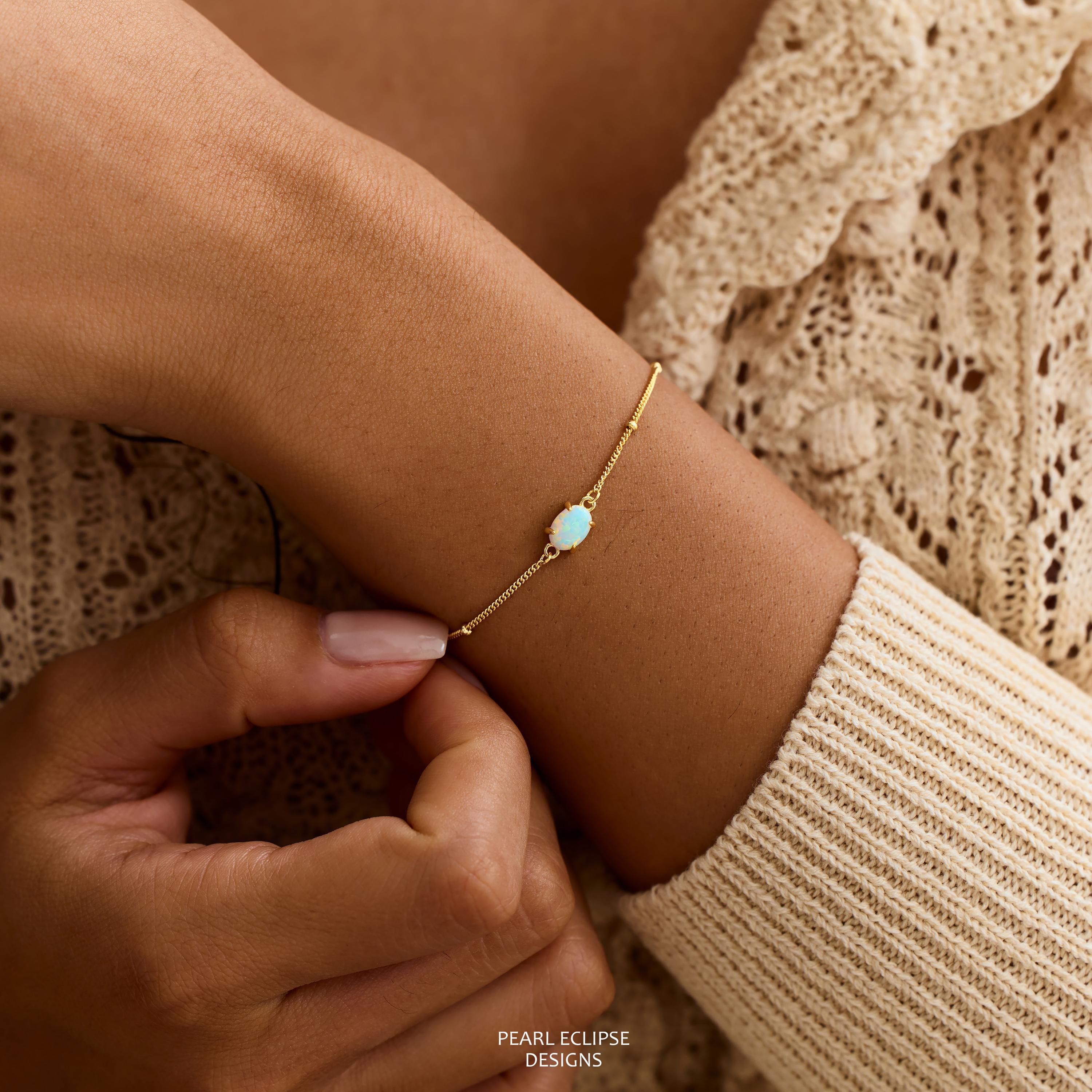 Dainty Natural Opal Bracelet on a Minimalist Gold Beaded Chain