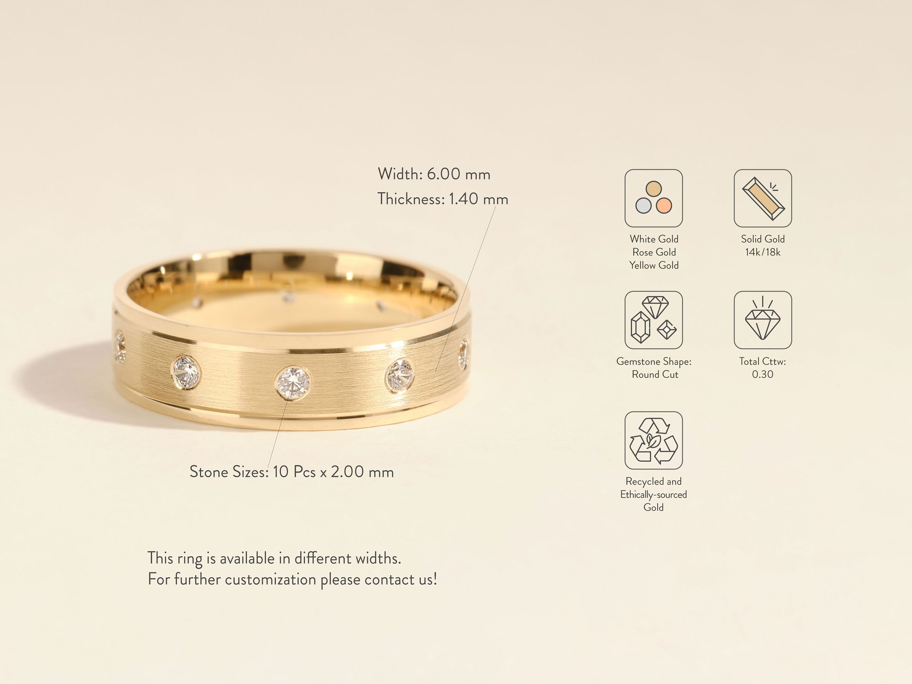 Men's Matte Beveled Diamond Wedding Band, Ten Stone