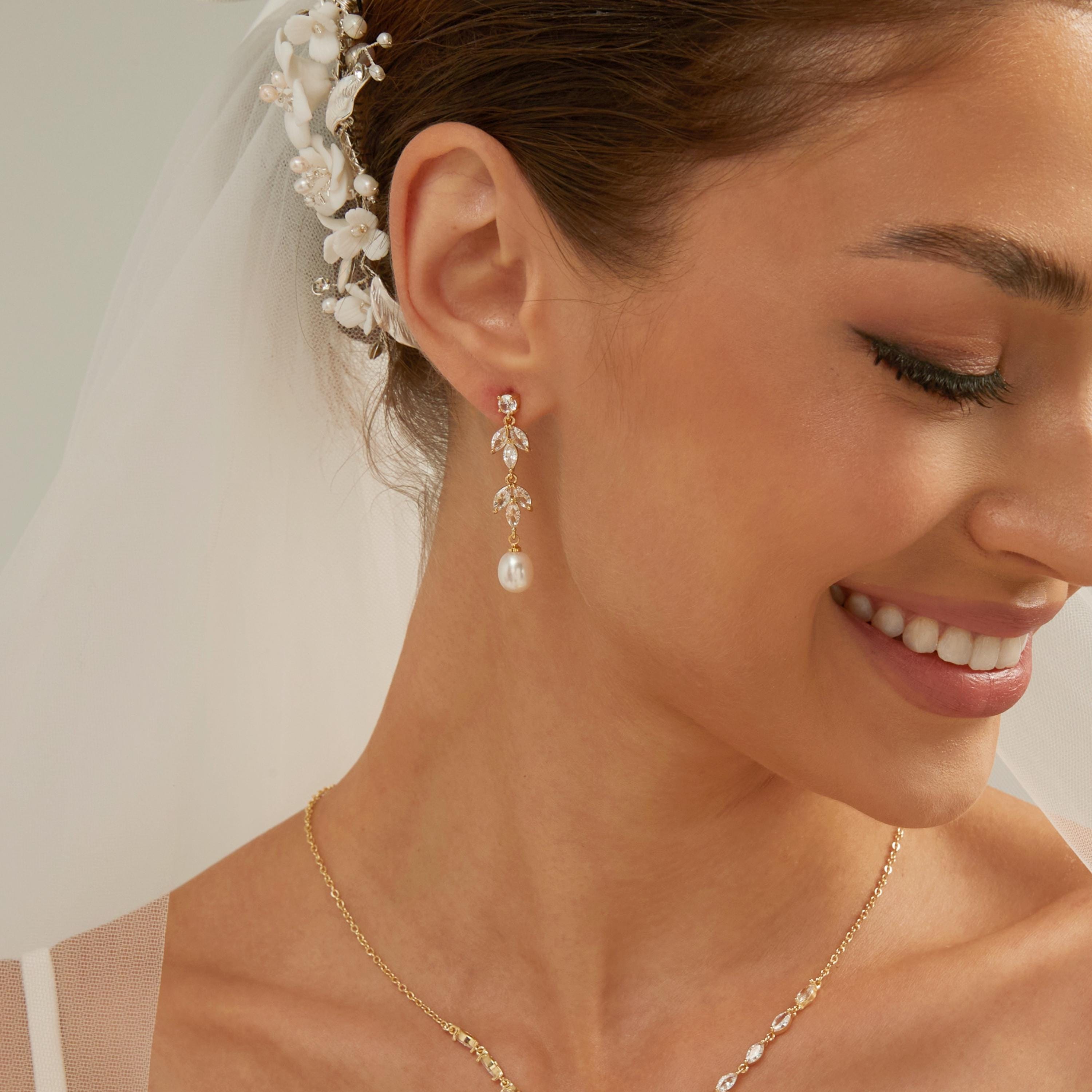 Gold Leaf and Freshwater Pearl Necklace with CZ Crystal Accent