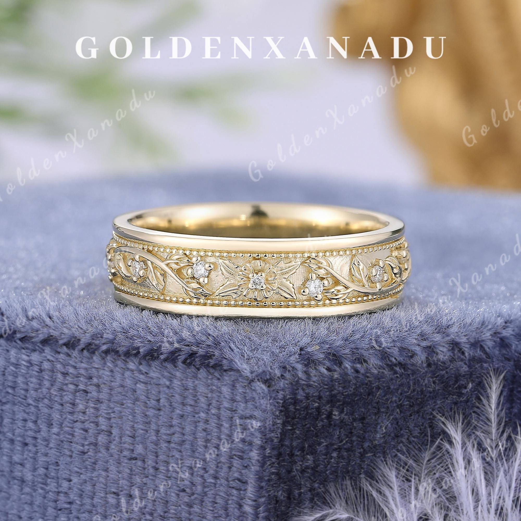 5mm Vintage Floral Engraved Men's Gold Wedding Band