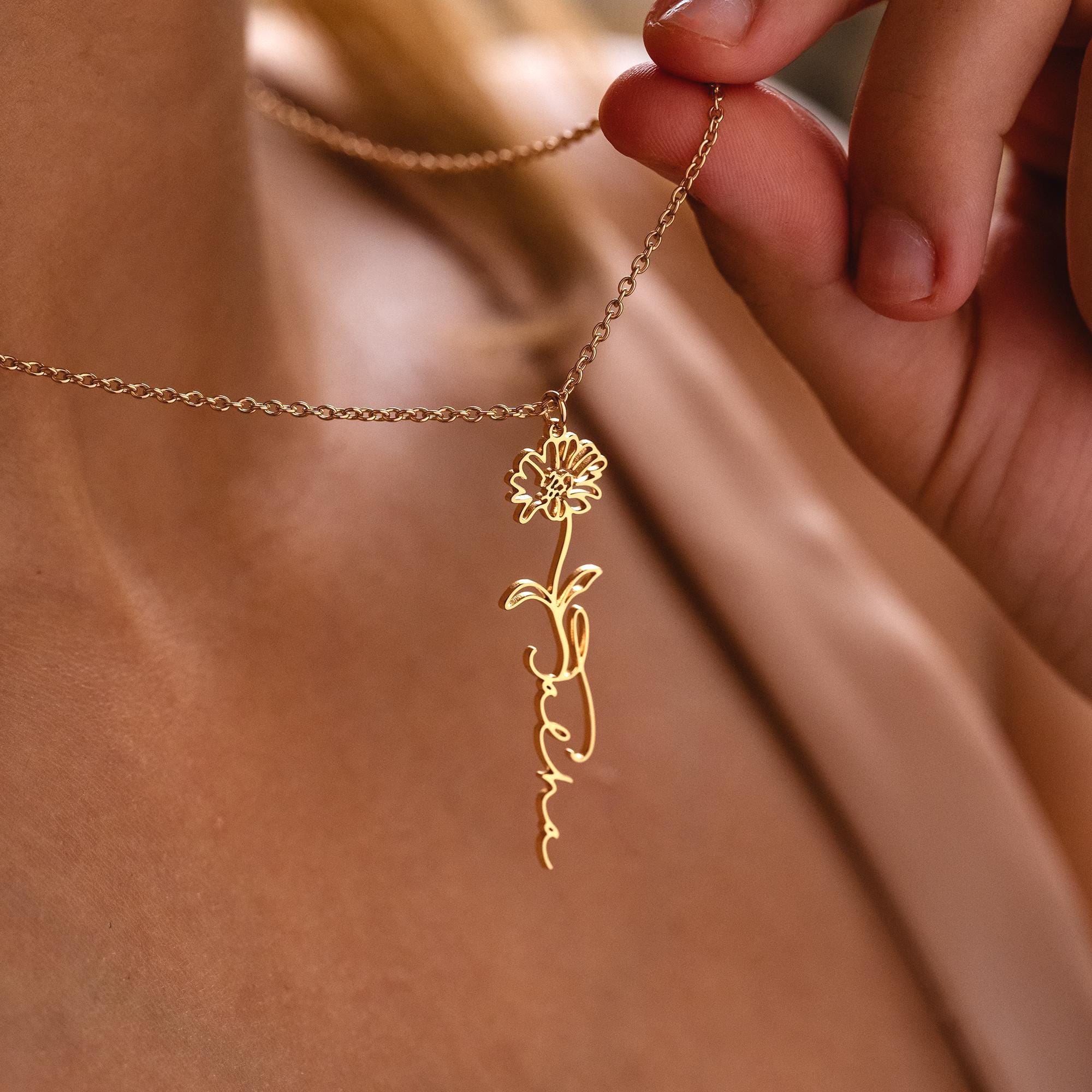 Personalized Name Necklace with Birth Flower Charm