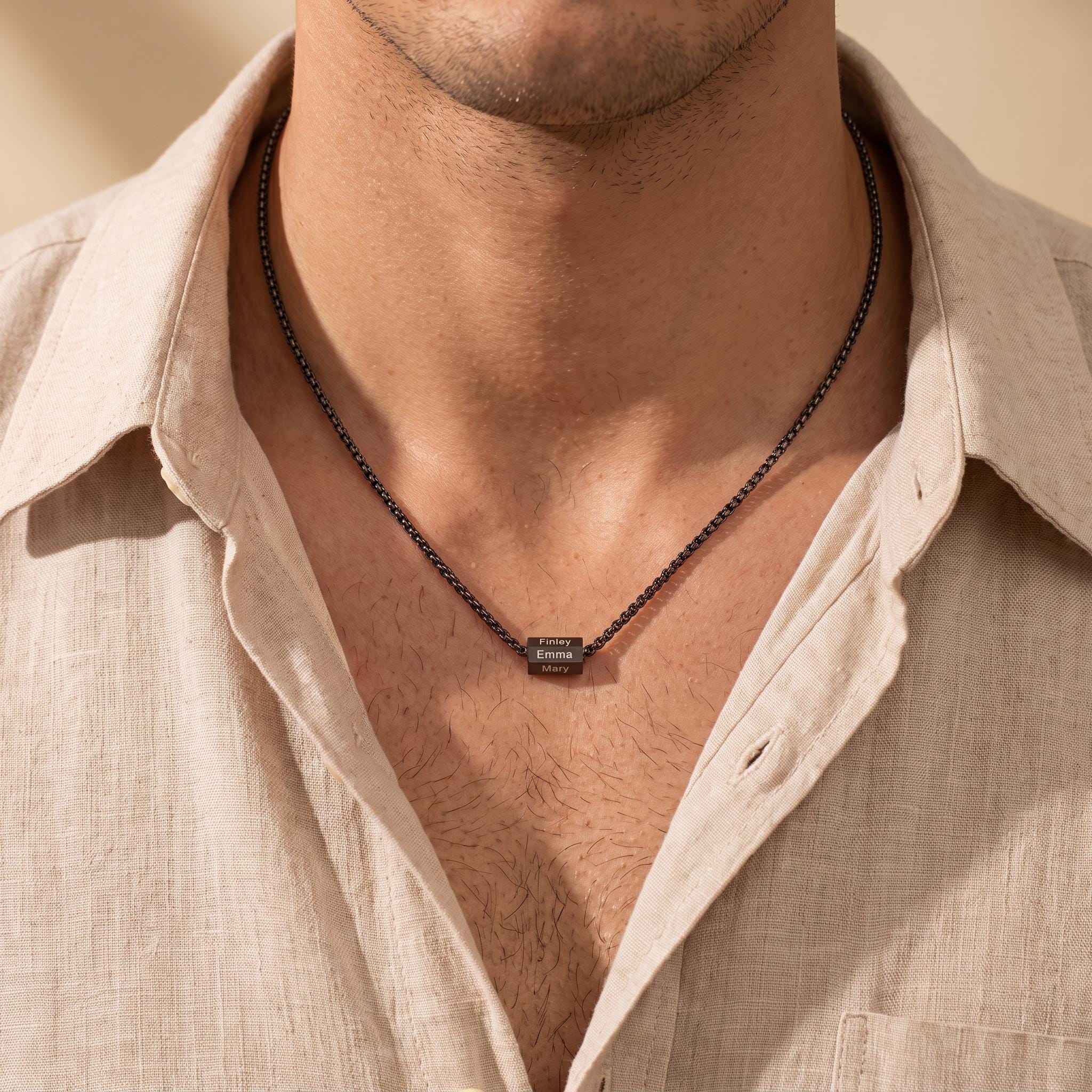 Custom Name Bar Necklace for Men with Copper Pendant and Engraved Names