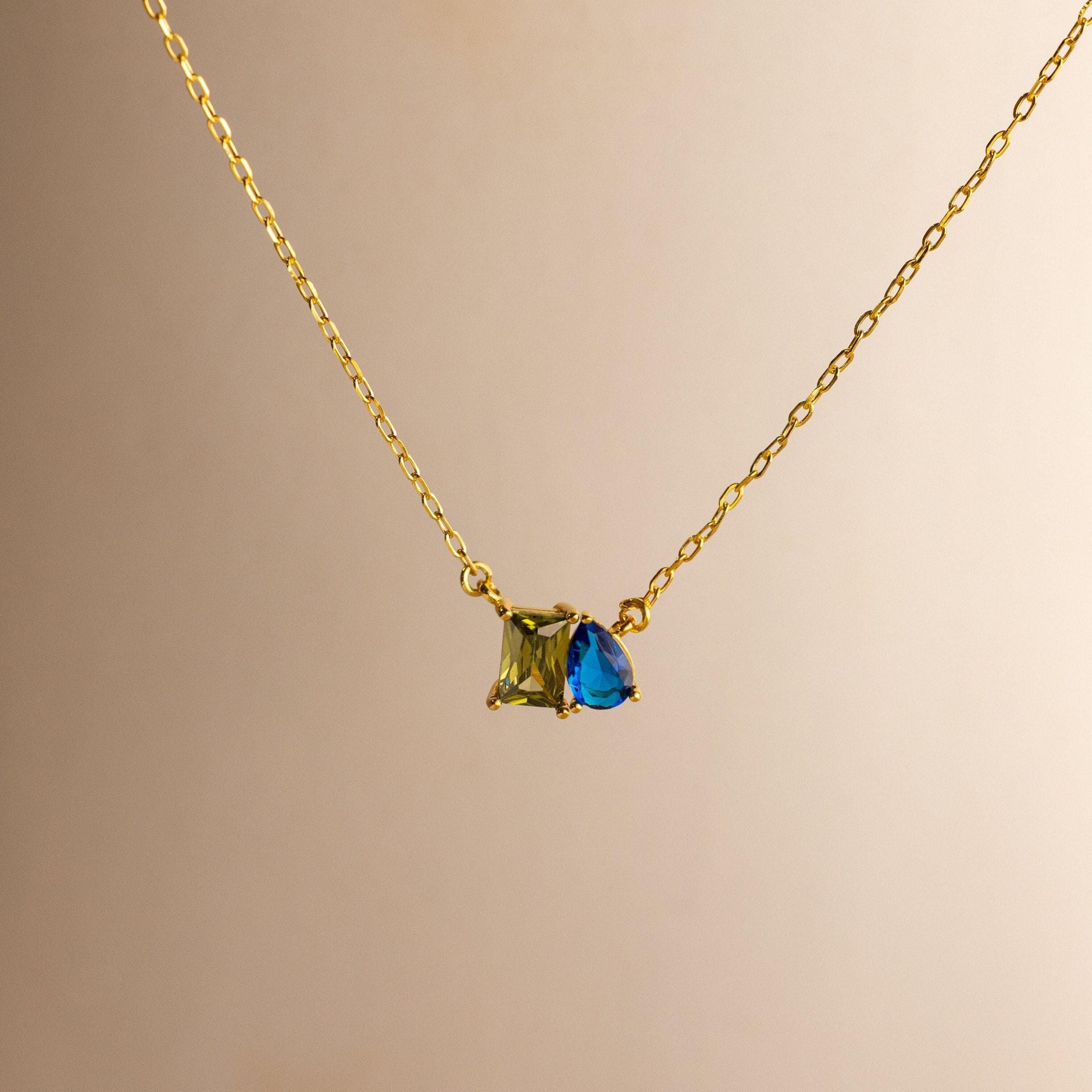 Toi et Moi Birthstone Necklace with Emerald and Pear Cut Stones
