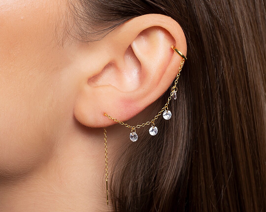 Threader Earring with Ear Cuff and Four Dangling CZ Stones
