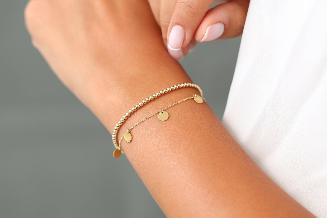14K Solid Gold 2.5 mm Beaded Bracelet with Inner Cable Chain