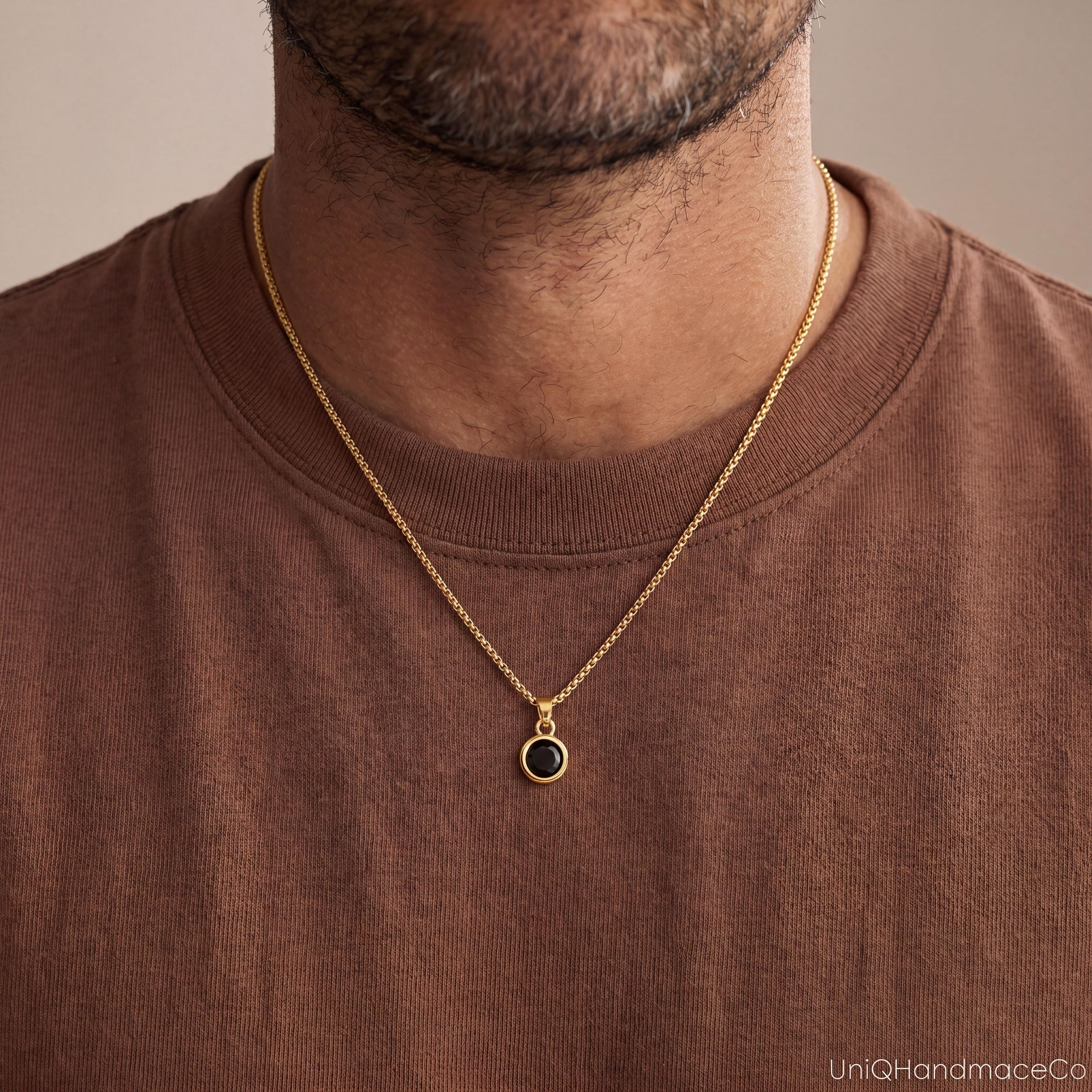 Men's Birthstone Necklace with Black Onyx or Tiger Eye on a Curb Chain