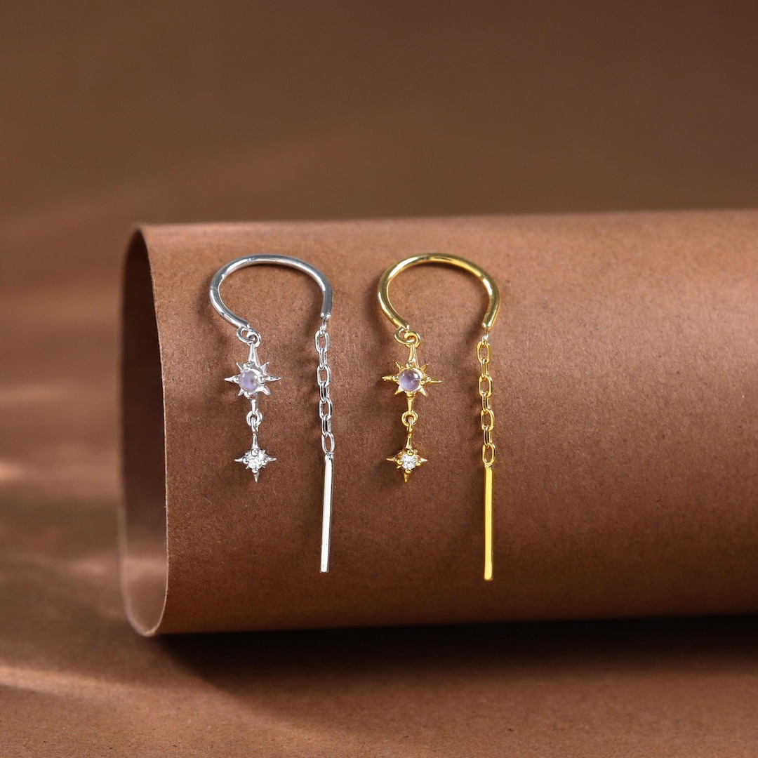 14K Gold Plated Moonstone and Moissanite Star Threader Earring