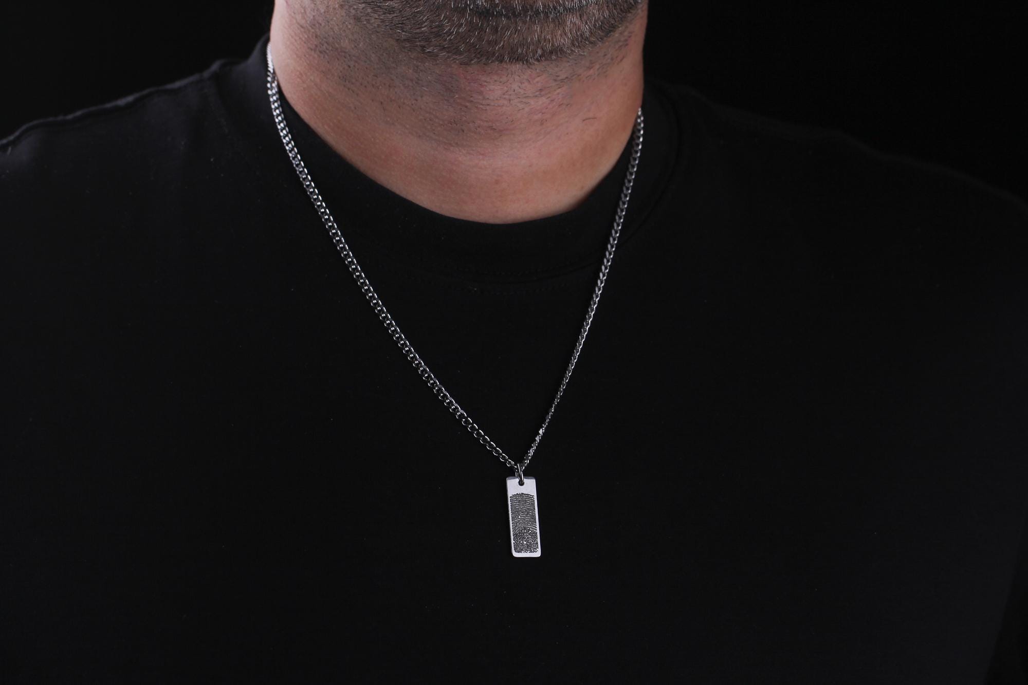 Engraved Sterling Silver Bar Necklace for Men with Curb Chain