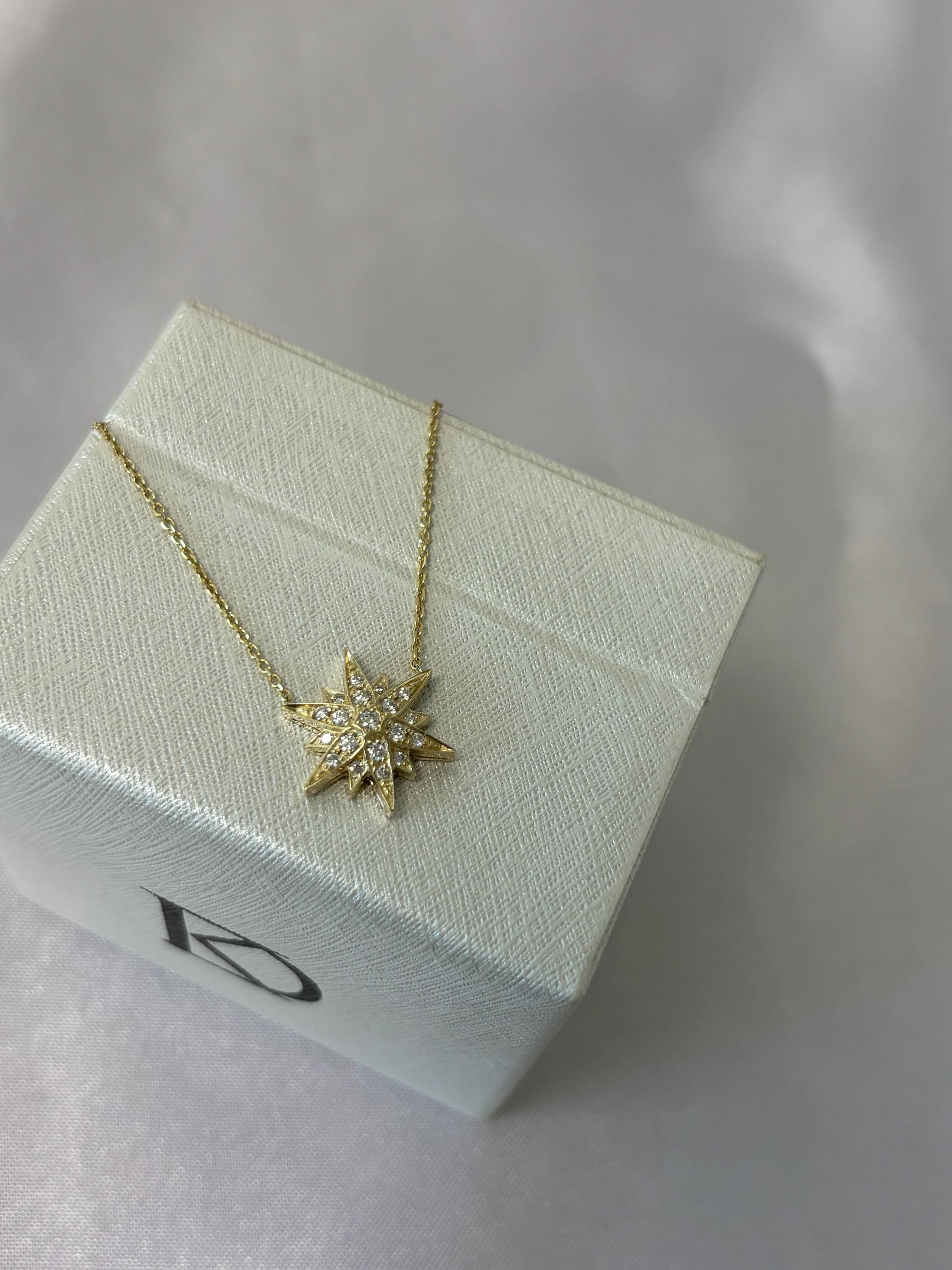 14K Solid Gold Starburst Diamond Pendant Necklace
