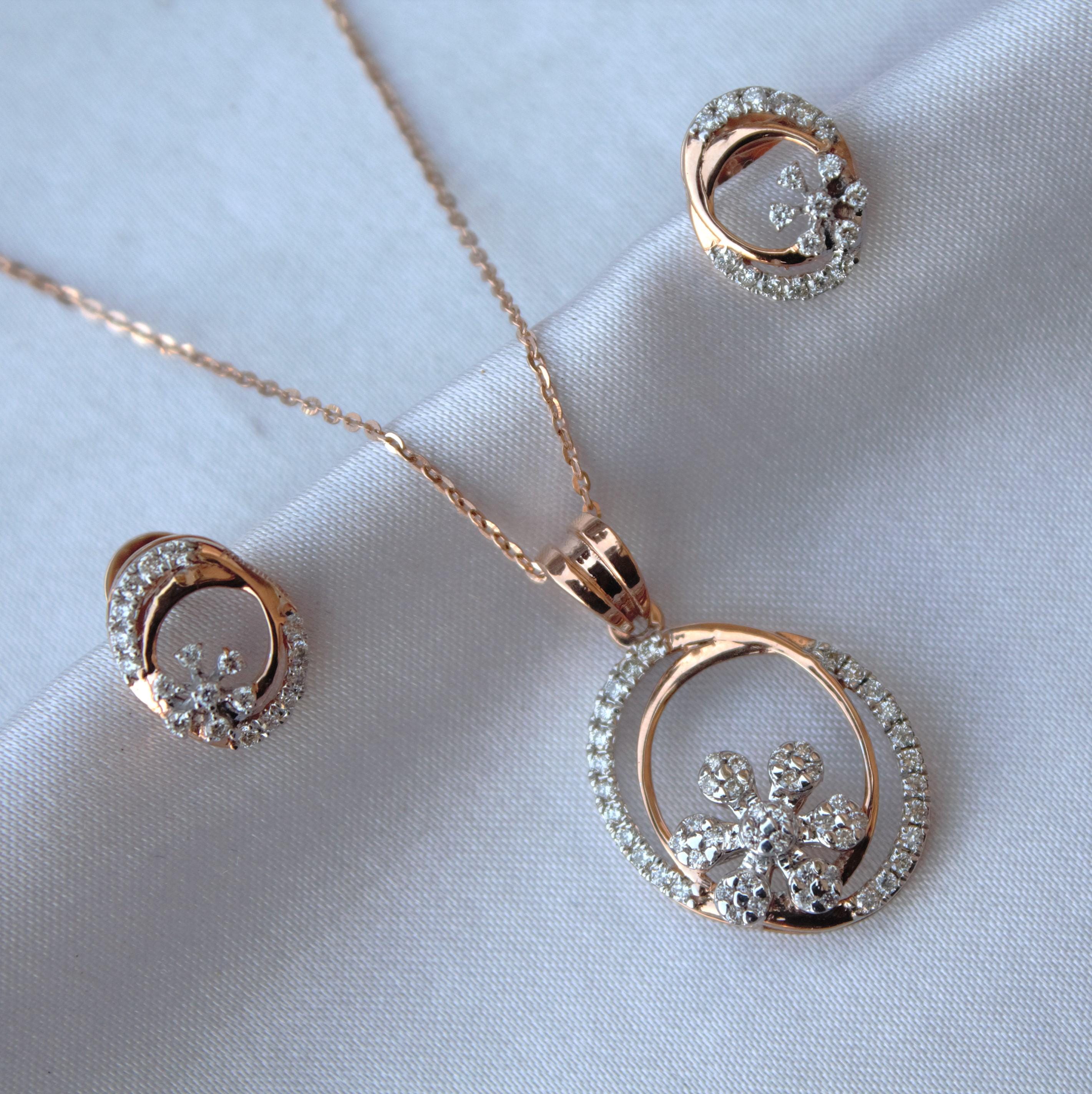 IGI Certified 18K Rose Gold Diamond Pendant Necklace and Stud Earrings Set