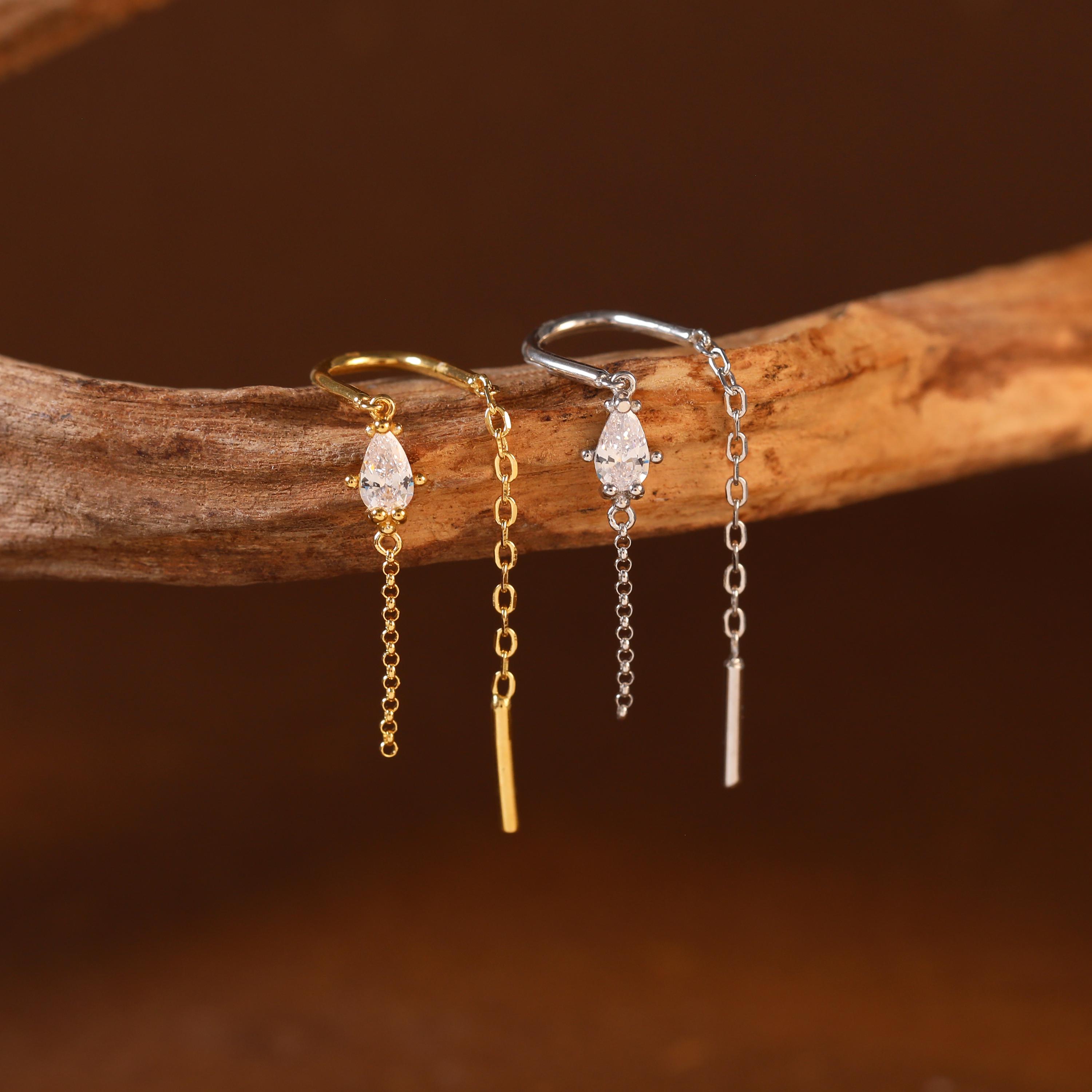 Sterling Silver Teardrop Threader Earrings with Pear Cut Zircon