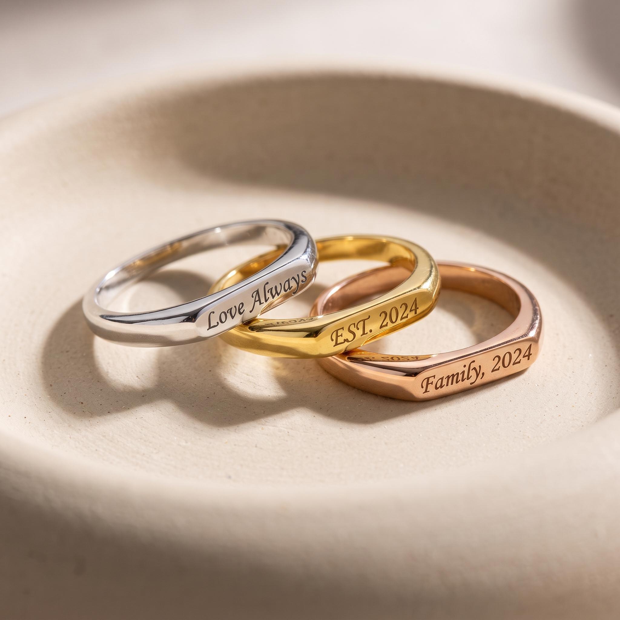 14K Solid Gold Engraved Bar Name Ring, Custom Signet Band