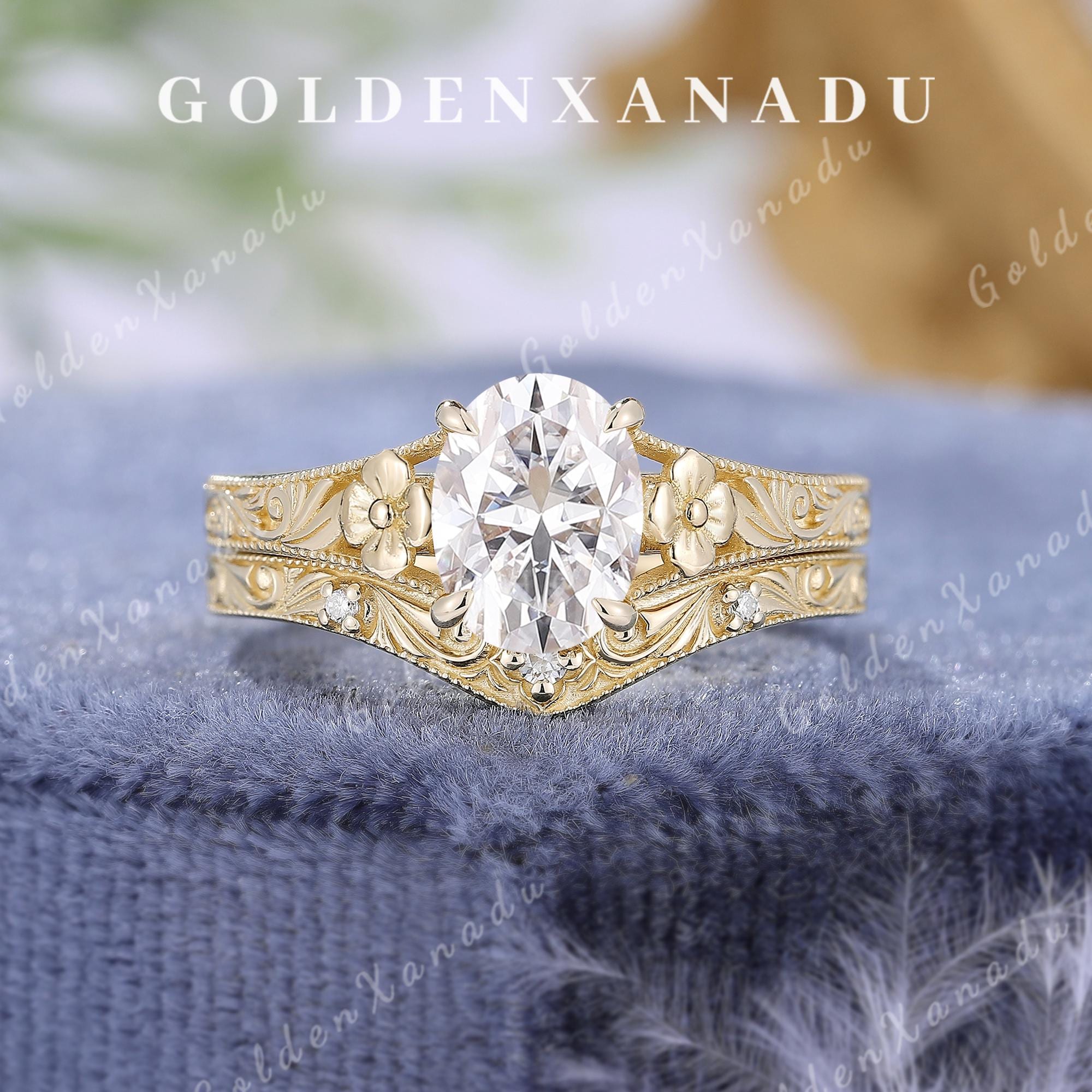 Vintage Floral Moissanite Engagement Ring, Oval Cut