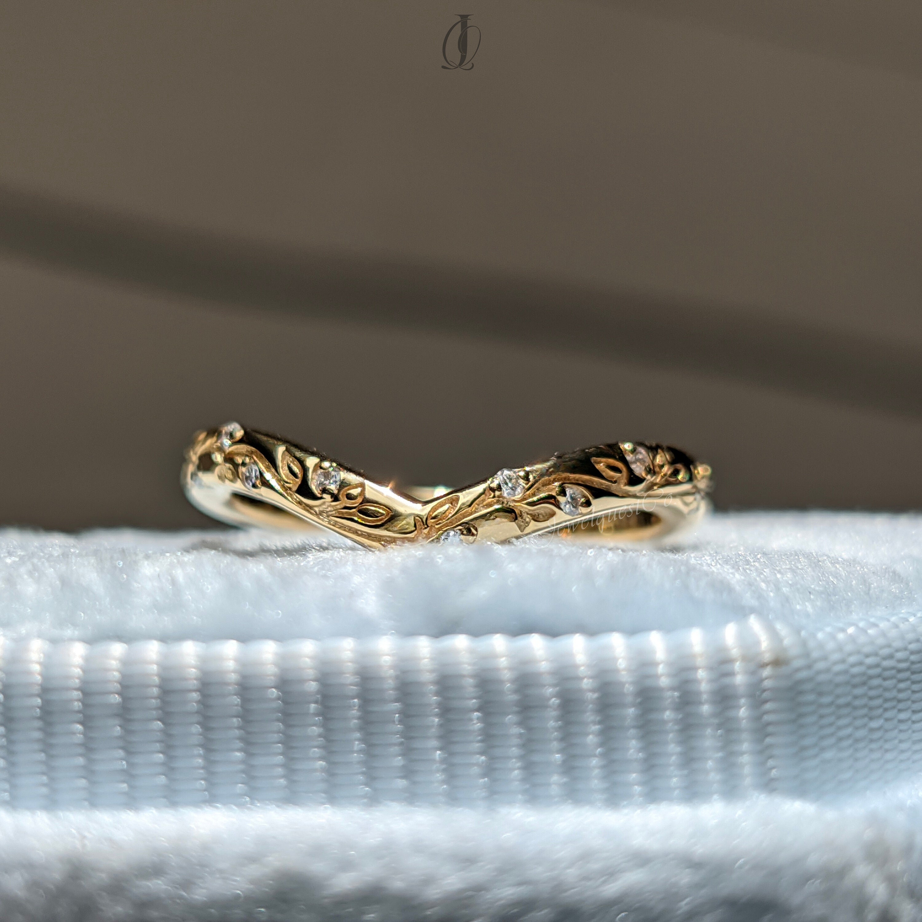 Chevron Leaf Moissanite Wedding Band in Solid Gold with Vine Engraving