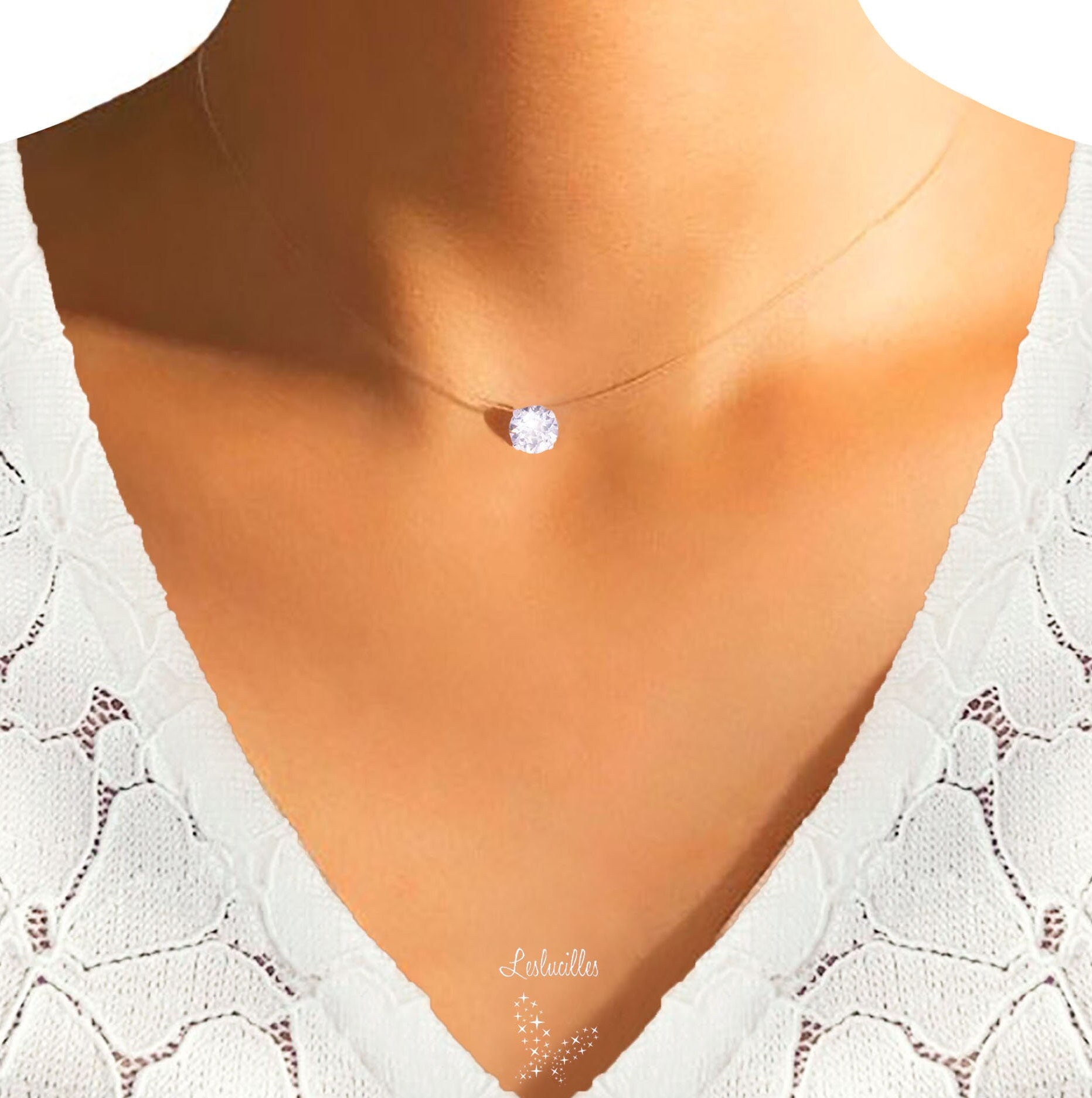 Invisible Crystal Solitaire Choker on a Transparent Nylon Collar