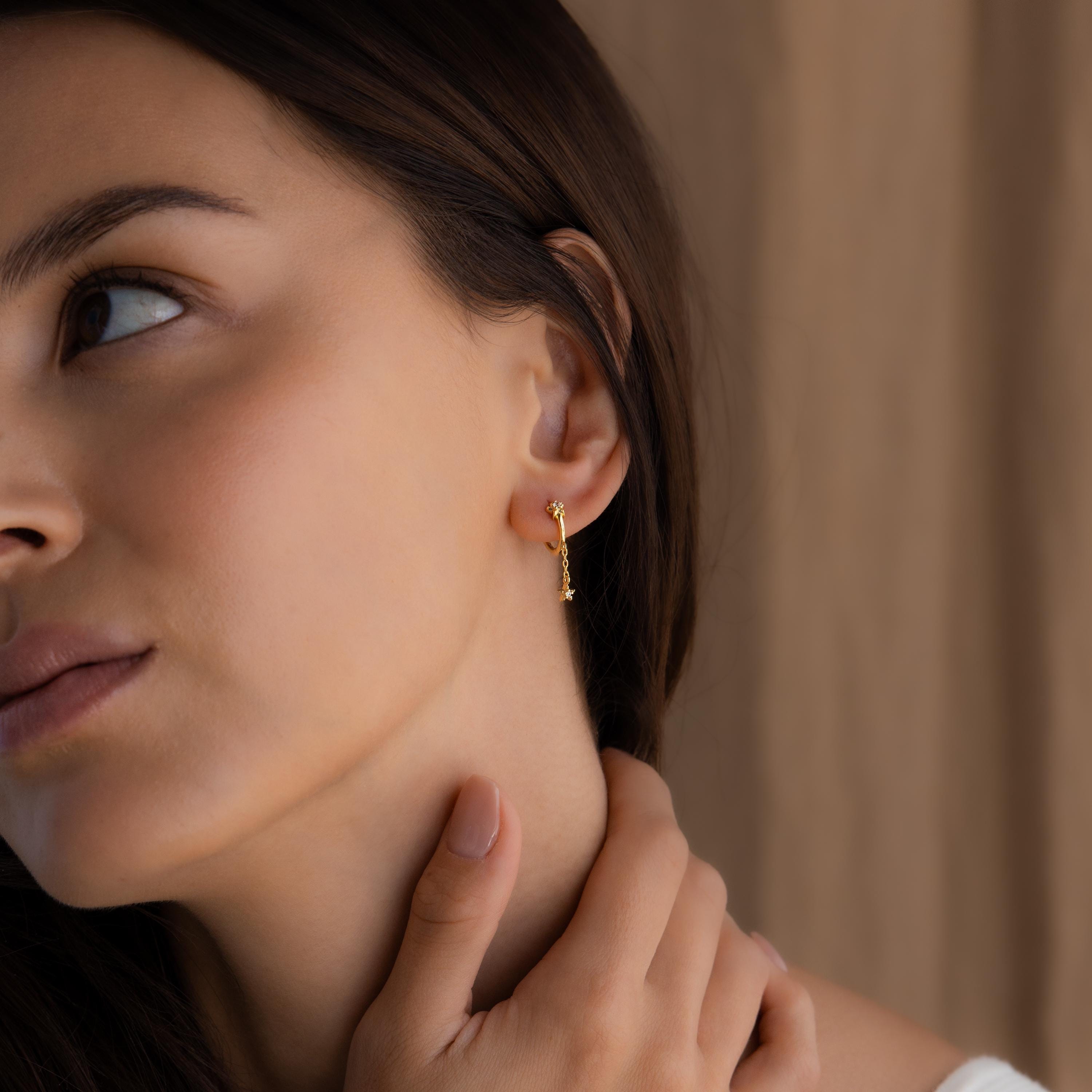 Star Drop Chain Huggie Earrings in 18K Gold Over Brass
