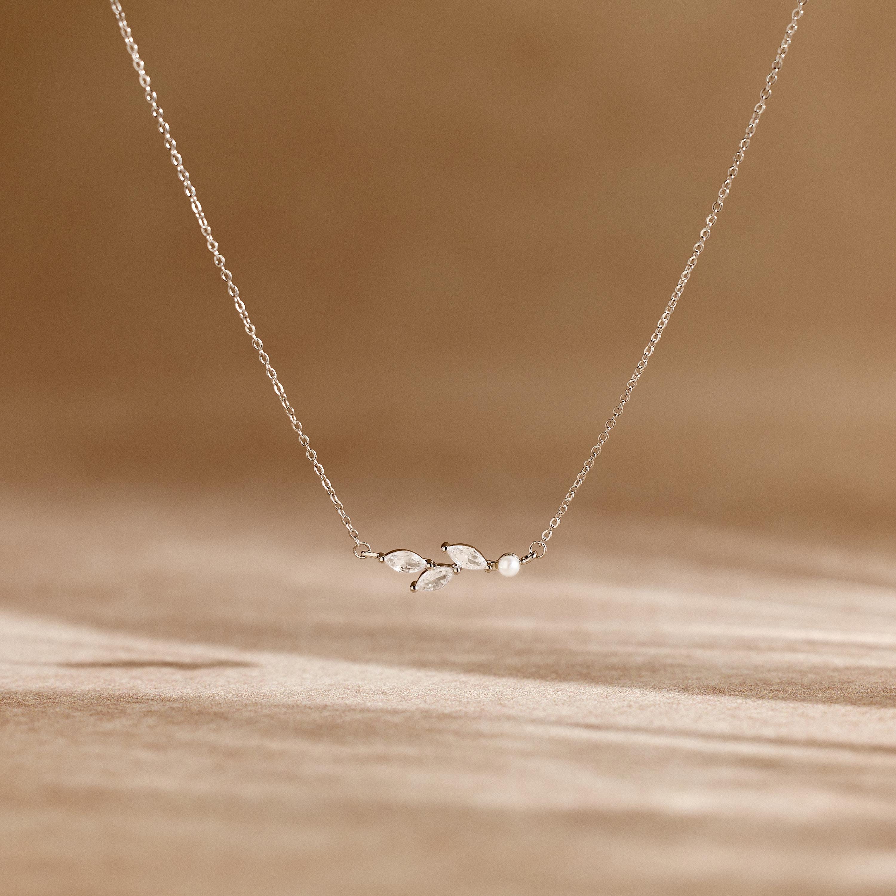 Pearl Leaf Necklace with CZ Stones, Olive Branch Design