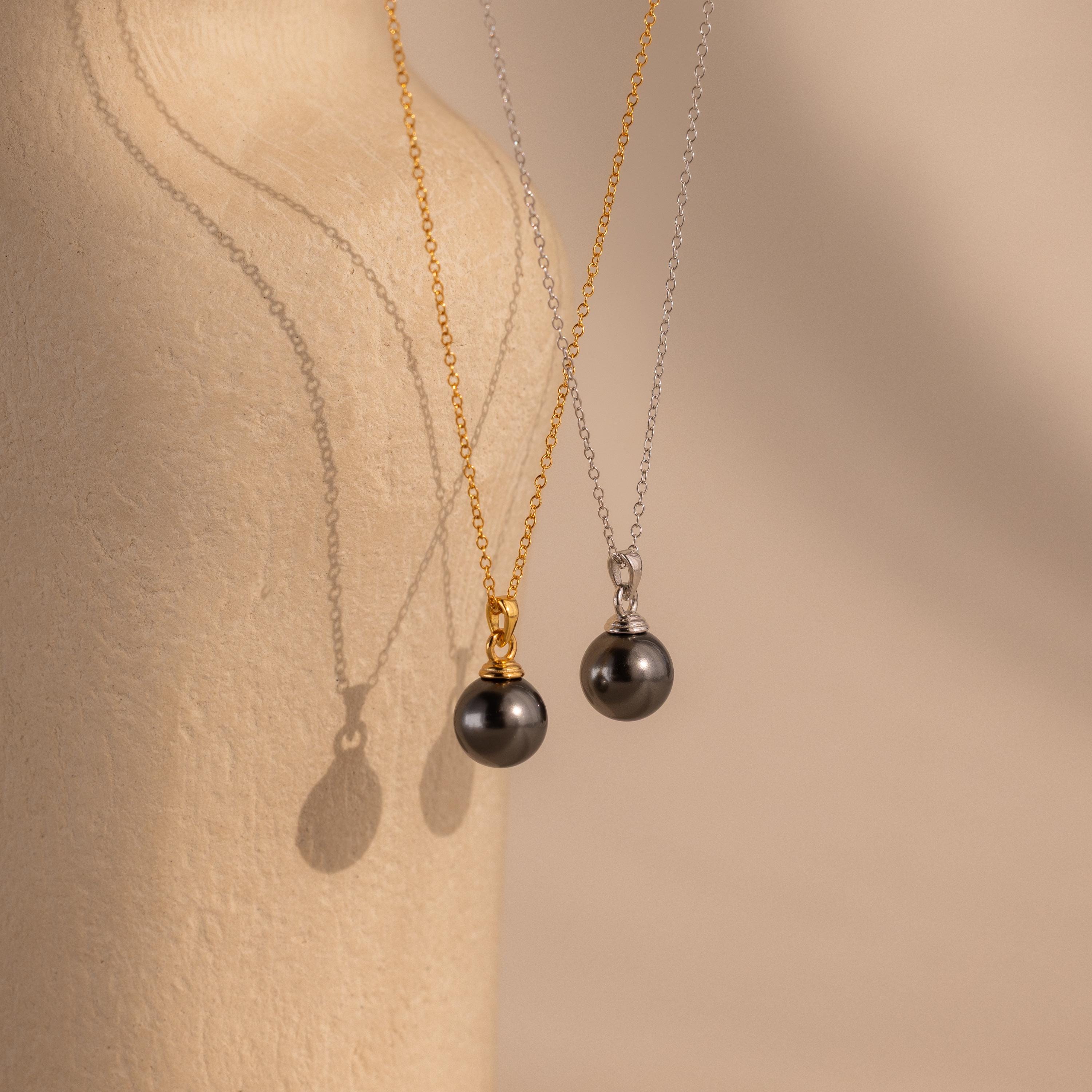 Black Pearl Drop Necklace in Sterling Silver, Adjustable Chain