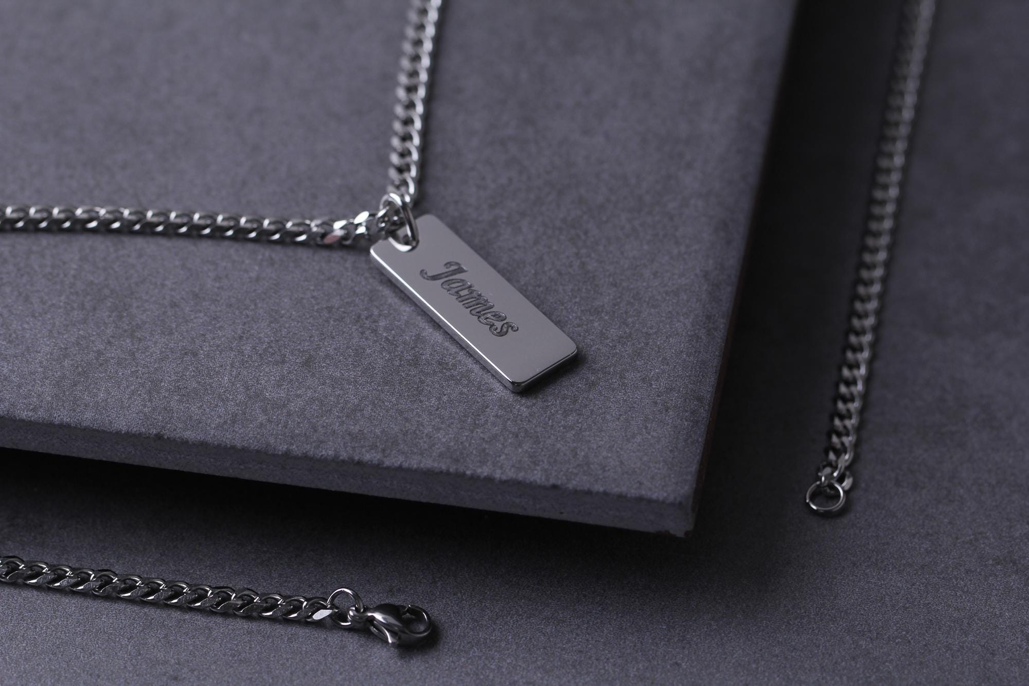 Engraved Sterling Silver Bar Necklace for Men with Curb Chain