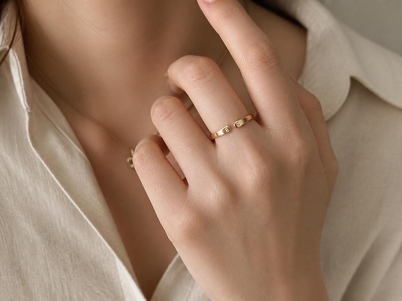 Custom Engraved Double Initial Ring, 18K Gold Plated Steel